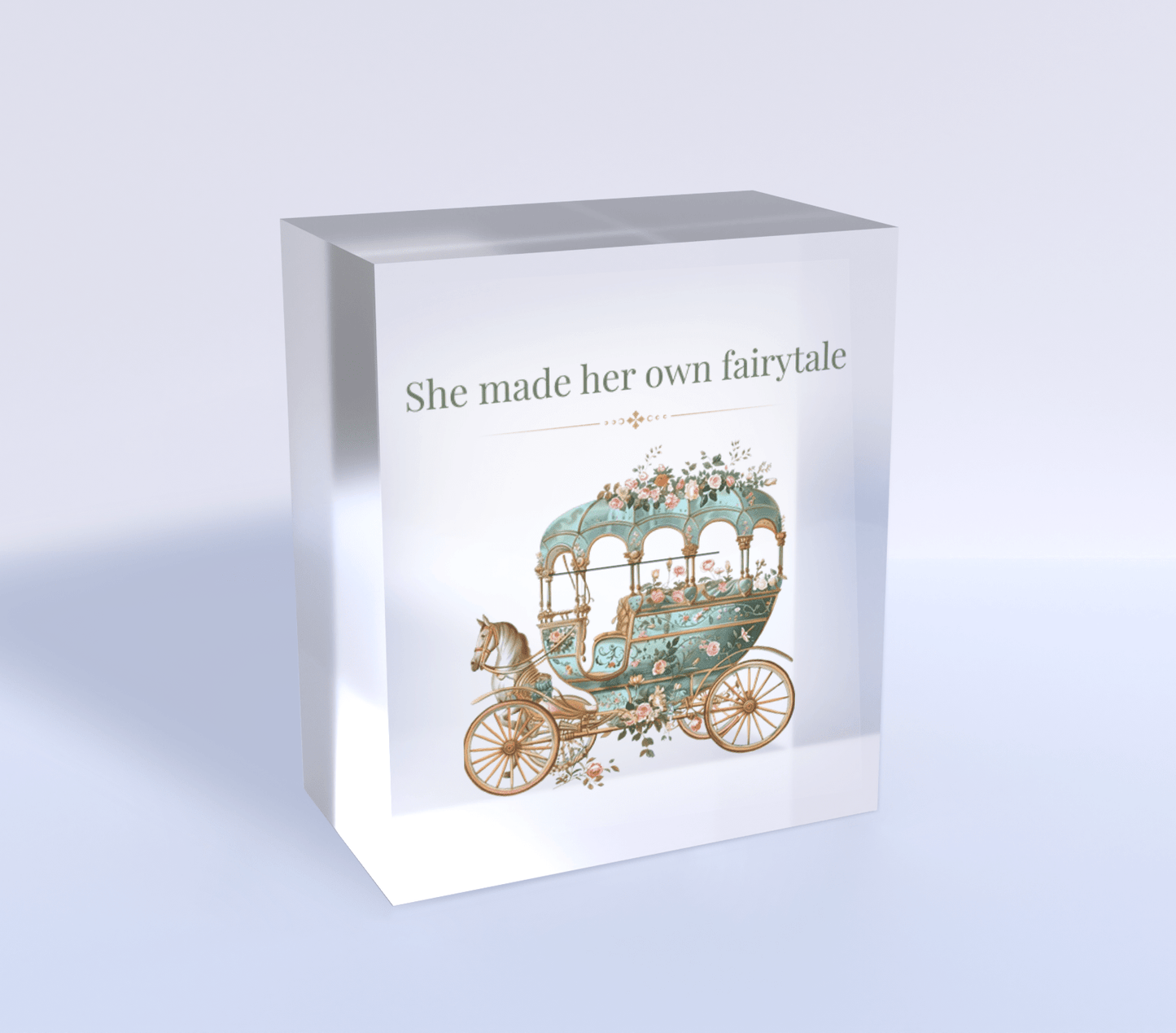 The "She Made Her Own Fairytale" acrylic quote block by Mirabilia Boutique showcases a vintage carriage with floral accents—an enchanting, empowering decor piece available in 3x3 or 4x4 sizes for any occasion.