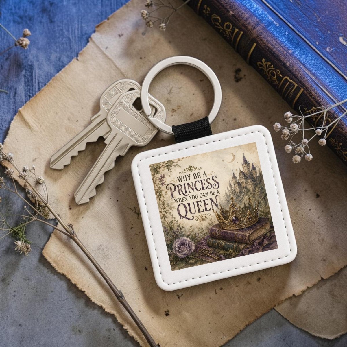 The "Why Be a Princess When You Can Be a Queen" keychain by Mirabilia Boutique, crafted from PU leather, features an inspiring message alongside an illustration of a crown, purple flowers, and a castle. Resting on vintage papers and a book, the fairytale-inspired keychain comes with two keys attached.