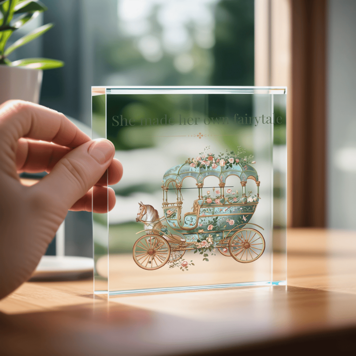A hand holds the "She Made Her Own Fairytale" Acrylic Quote Block by Mirabilia Boutique, a decorative display with a flower-adorned carriage—an empowering fairytale-inspired gift, shown against a blurred indoor scene with a potted plant.