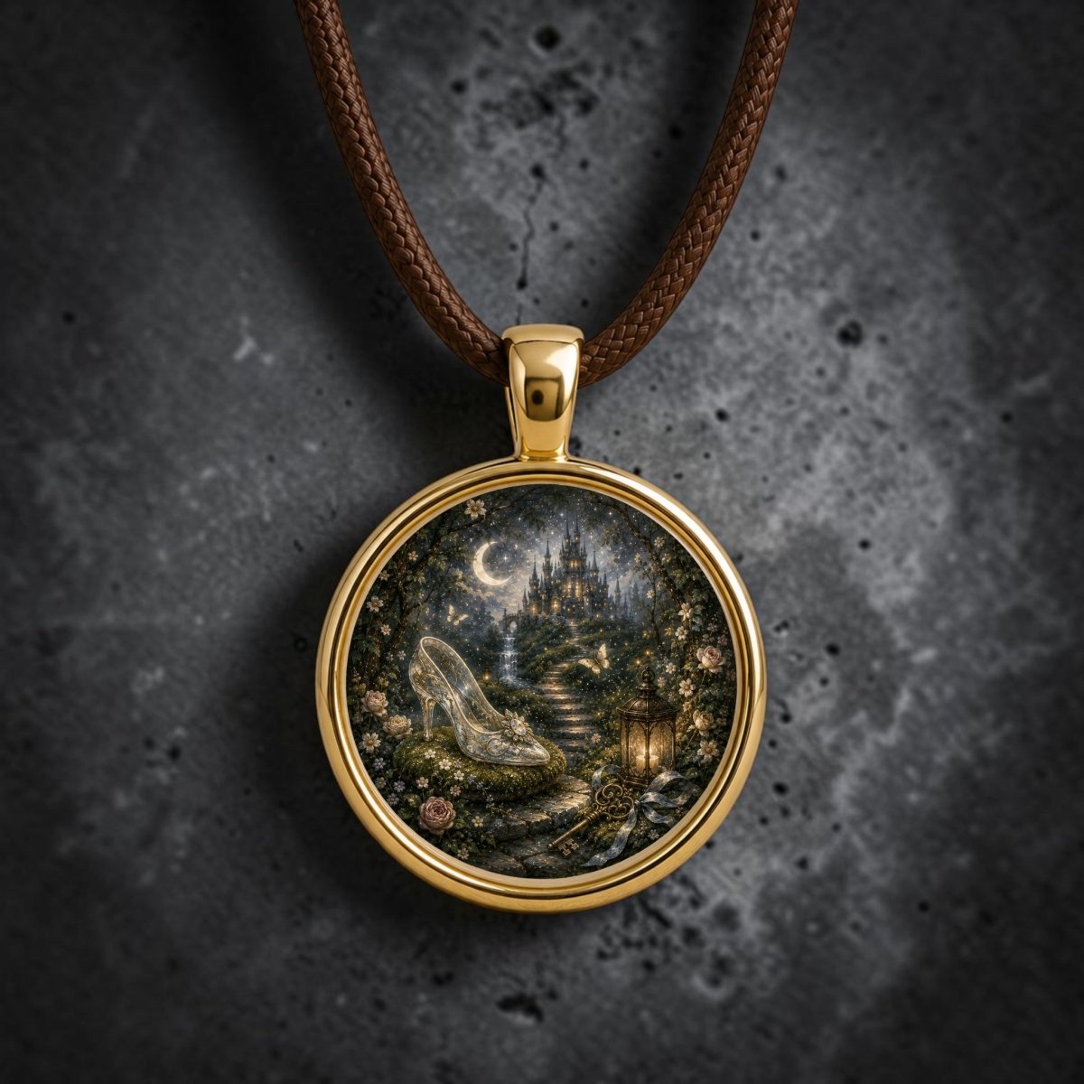 The Forgotten Slipper | Story Pendant Necklace by Mirabilia Boutique features a gold wearable art pendant with a glass slipper, stone path, lantern, and distant castle beneath a crescent moon—all rendered in whimsical fairytale style. This enchanting storybook accessory hangs from a brown cord and is showcased against a textured dark background.
