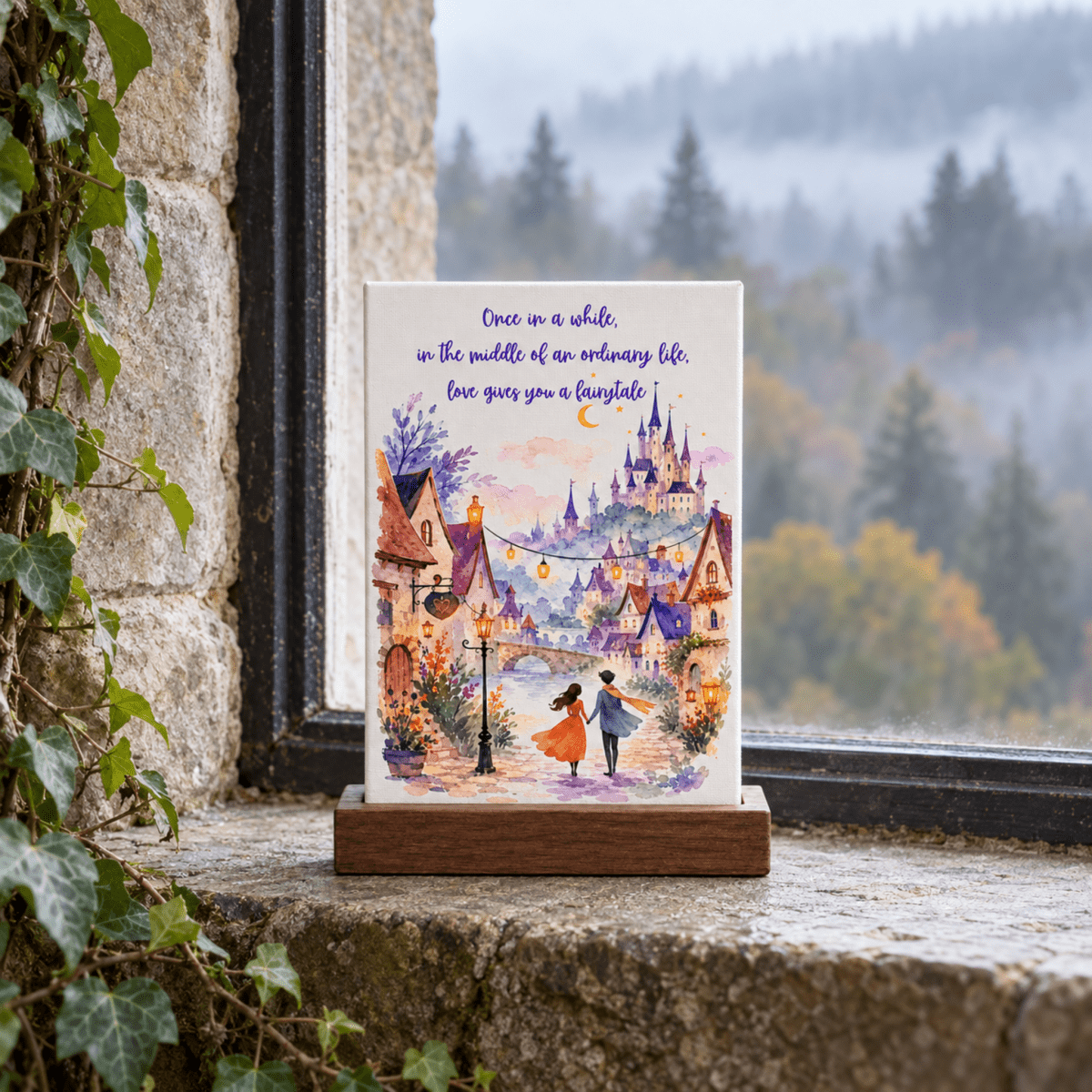 Love Gives You a Fairytale Mini Canvas Sign, a small rectangular mini canvas featuring a watercolor storybook illustration of a couple walking toward a castle with the text, “Once in a while, in the middle of an ordinary life, love gives you a fairytale.”