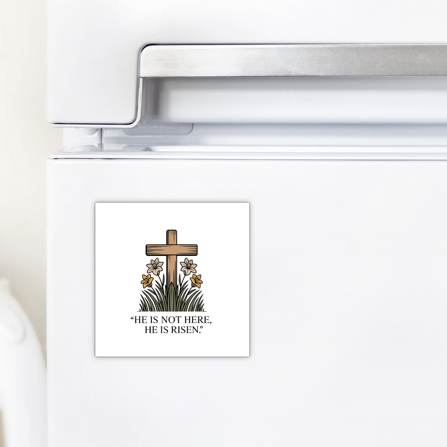 The Mirabilia Boutique "He Is Risen Easter Magnet – Cross & Lily Scripture Art" features a wooden cross, lilies, and scripture: “He is not here, He is risen.” A perfect faith gift to inspire hope each day.