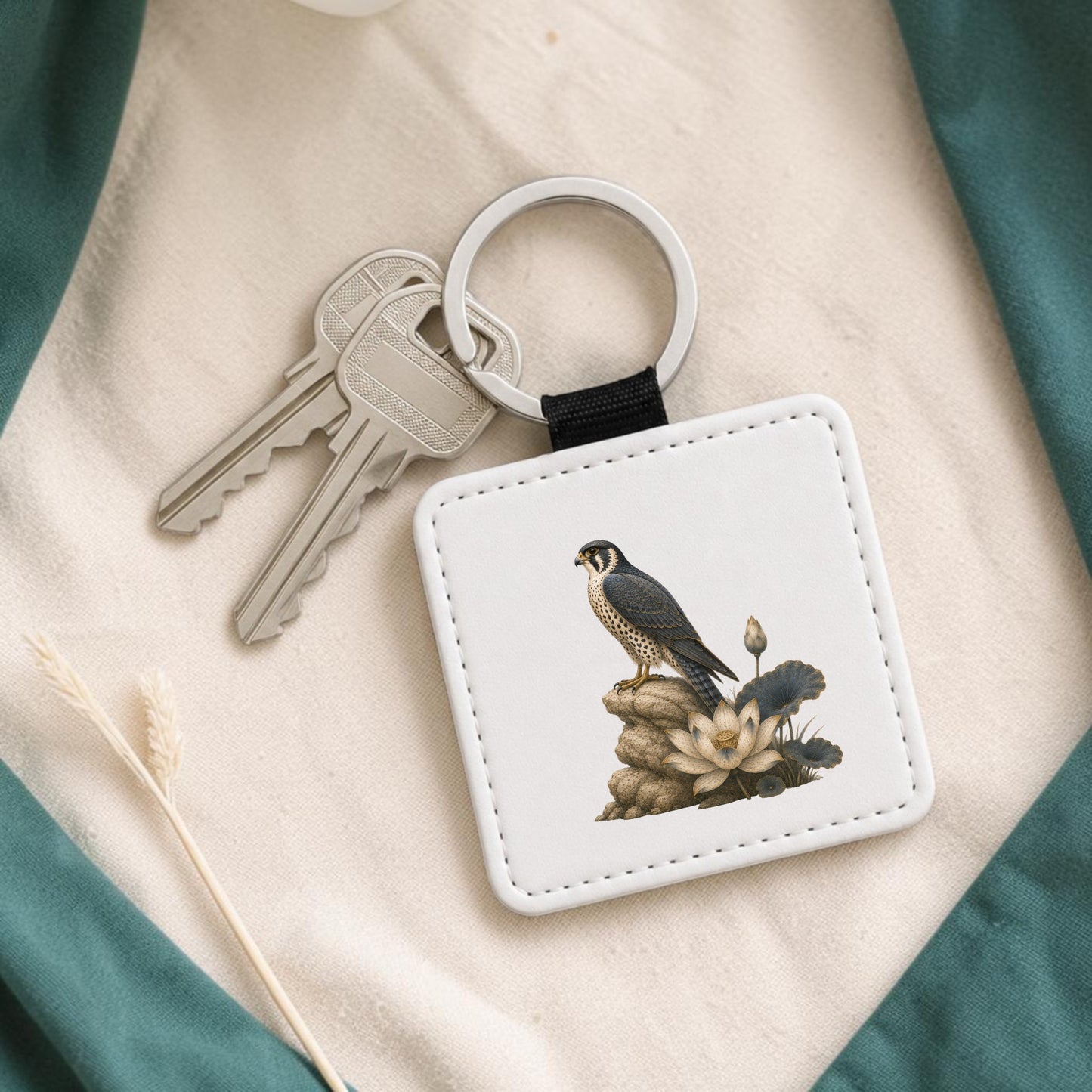 A set of silver keys is attached to the Falcon & Lotus Keychain | Ancient Egyptian Art by Mirabilia Boutique—a square white keychain adorned with an illustration inspired by ancient Egyptian art, depicting a falcon perched among rocks and lotus flowers—resting on green and white fabric.