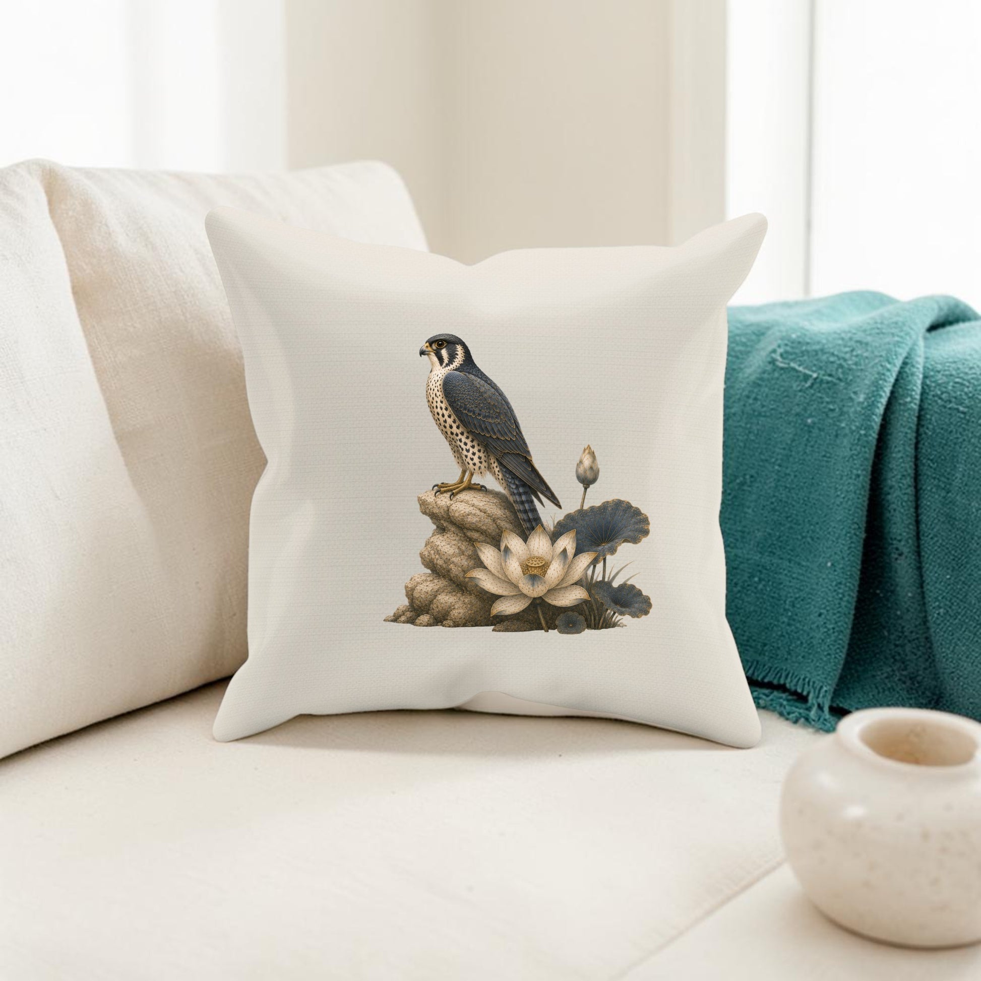 The Falcon & Lotus Pillow | Egyptian Home Decor from Mirabilia Boutique, displayed on a sofa, showcases a detailed illustration of a falcon perched on rocks beside a blooming lotus flower, adding an elegant accent to the space. Nearby, a teal blanket and a small round vase complete the setting.