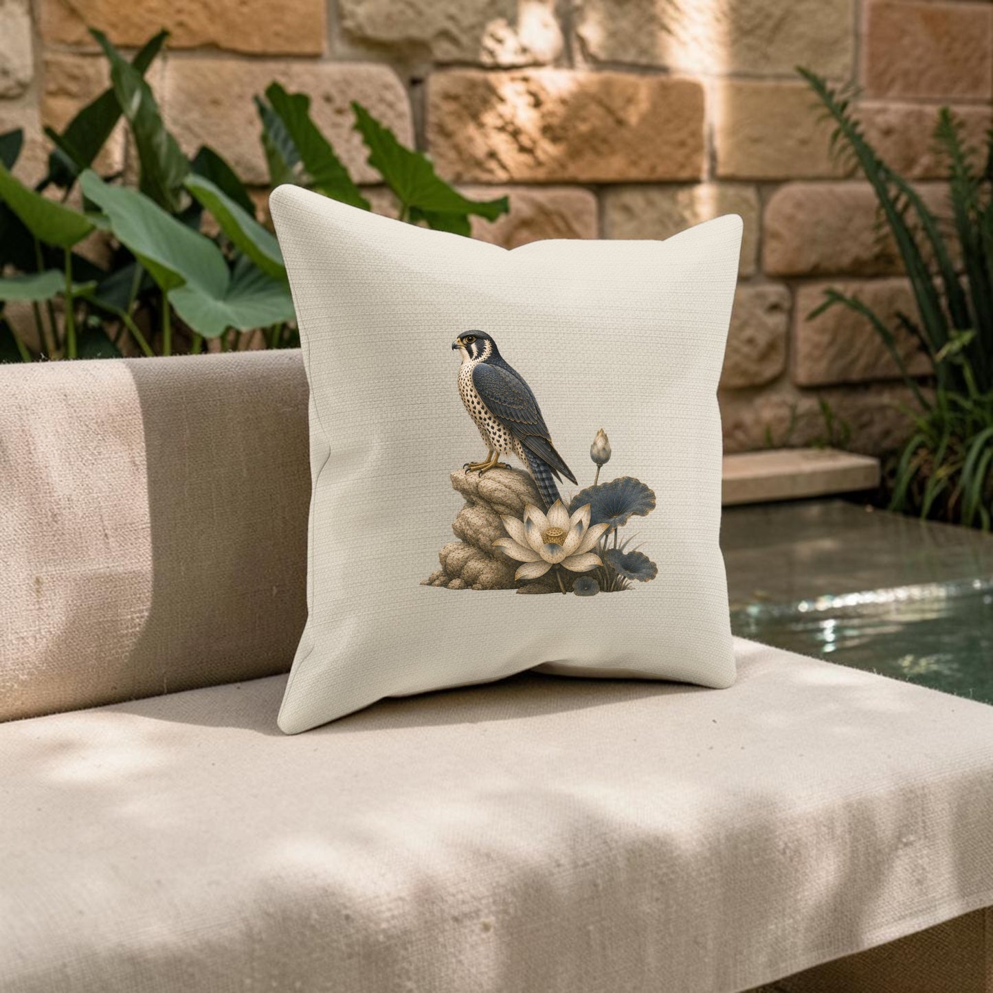 A Falcon & Lotus Pillow from Mirabilia Boutique, showcasing an illustrated falcon perched on rocks and lotus flowers in beige tones, rests on a light outdoor bench near green plants and a stone wall.