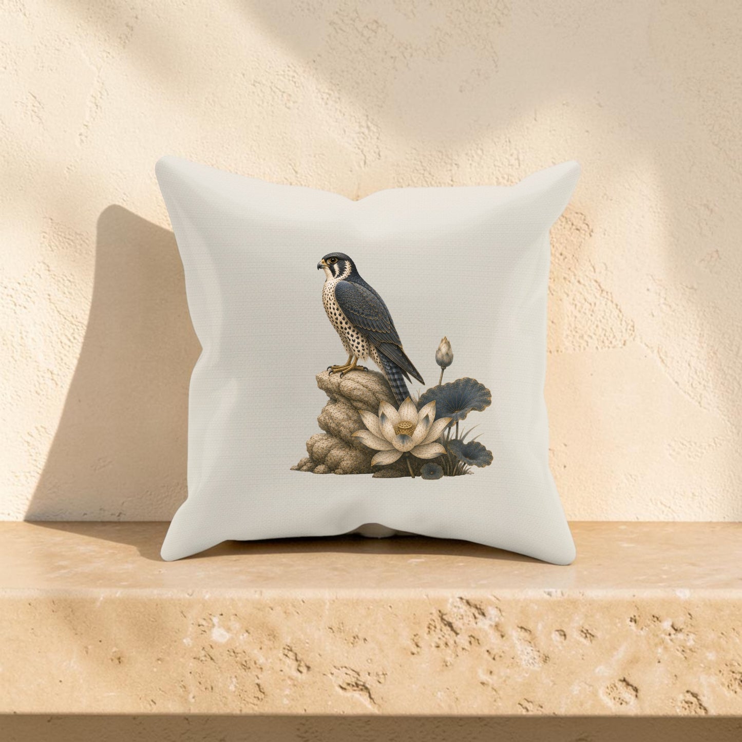 The Falcon & Lotus Pillow by Mirabilia Boutique is an Egyptian home decor piece in white, featuring an illustration of a falcon perched on rocks beside a white lotus and leaves, displayed on a stone ledge against a textured beige wall.
