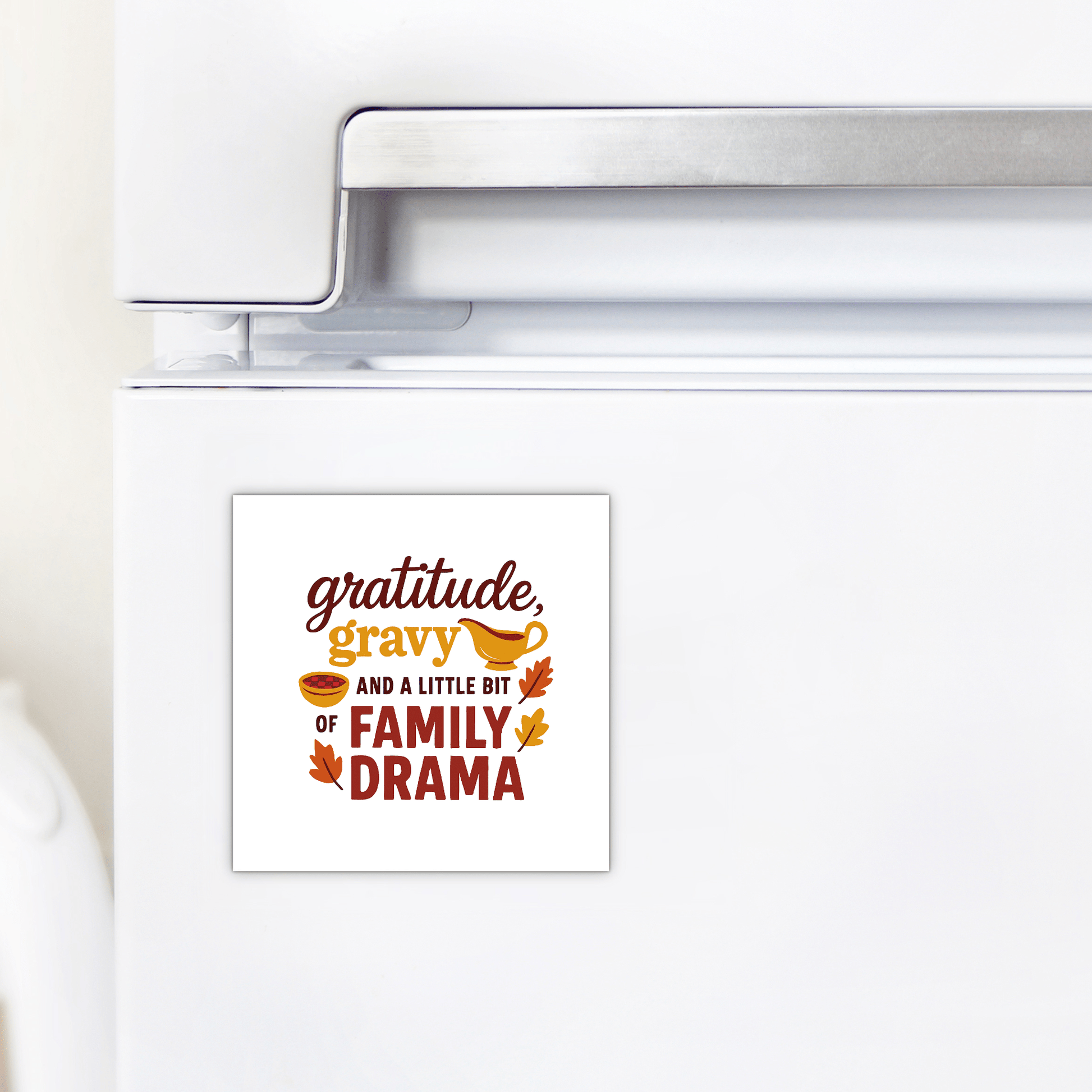 Add humor to your kitchen this Thanksgiving with Mirabilia Boutique's "Gratitude Gravy & Family Drama" magnet, featuring autumn images in brown, yellow, and orange—a perfect funny fall decor for any fridge.