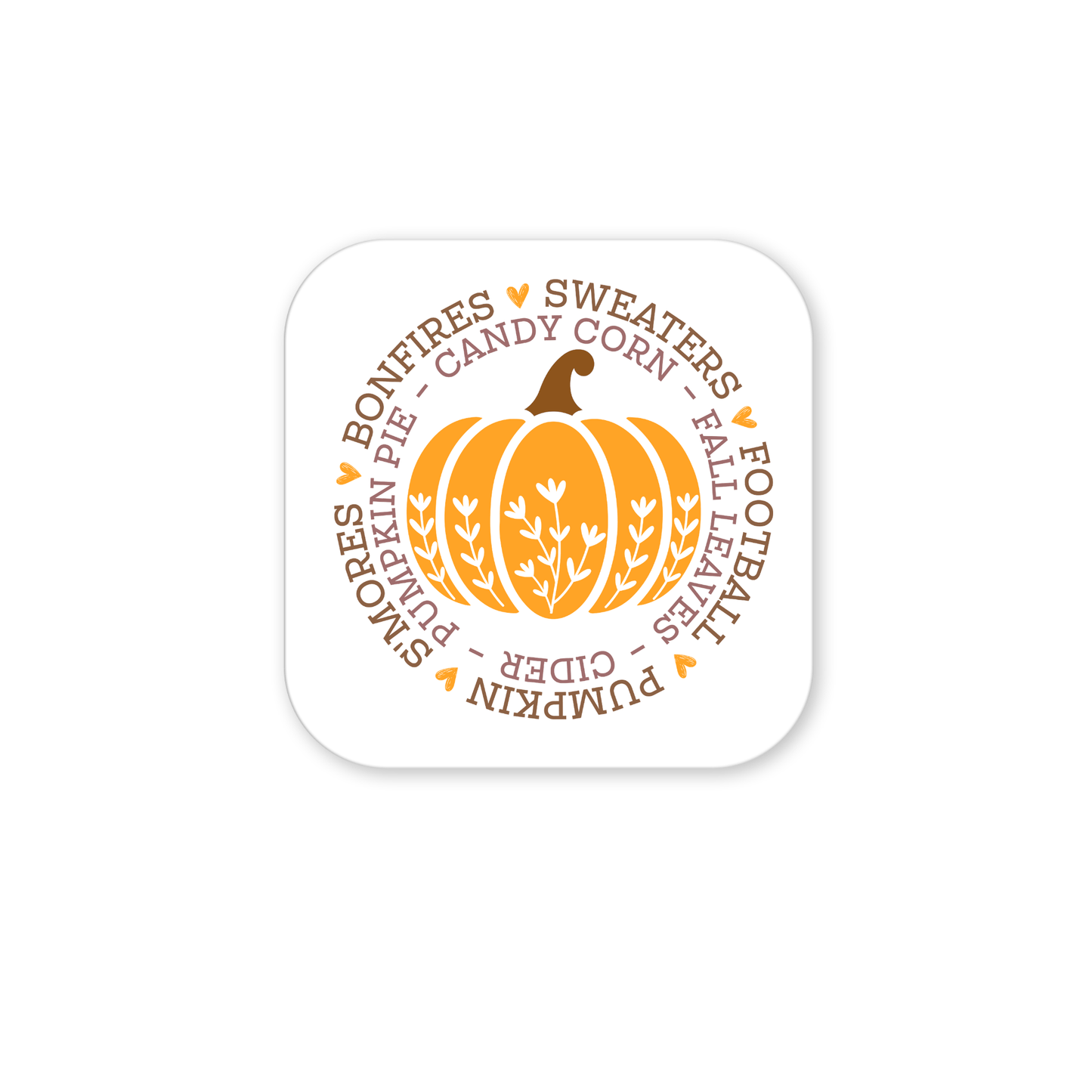 The Fall Pumpkin Magnet by Mirabilia Boutique features a round orange pumpkin with leaves and autumn words—ideal as seasonal fridge art, autumn kitchen decor, or a unique Thanksgiving gift.