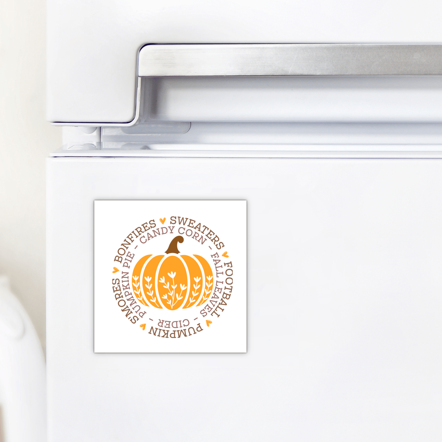 The Mirabilia Boutique Fall Pumpkin Magnet adds autumn charm to your fridge with an orange pumpkin and seasonal words—a perfect Thanksgiving gift or autumn kitchen decor accent.