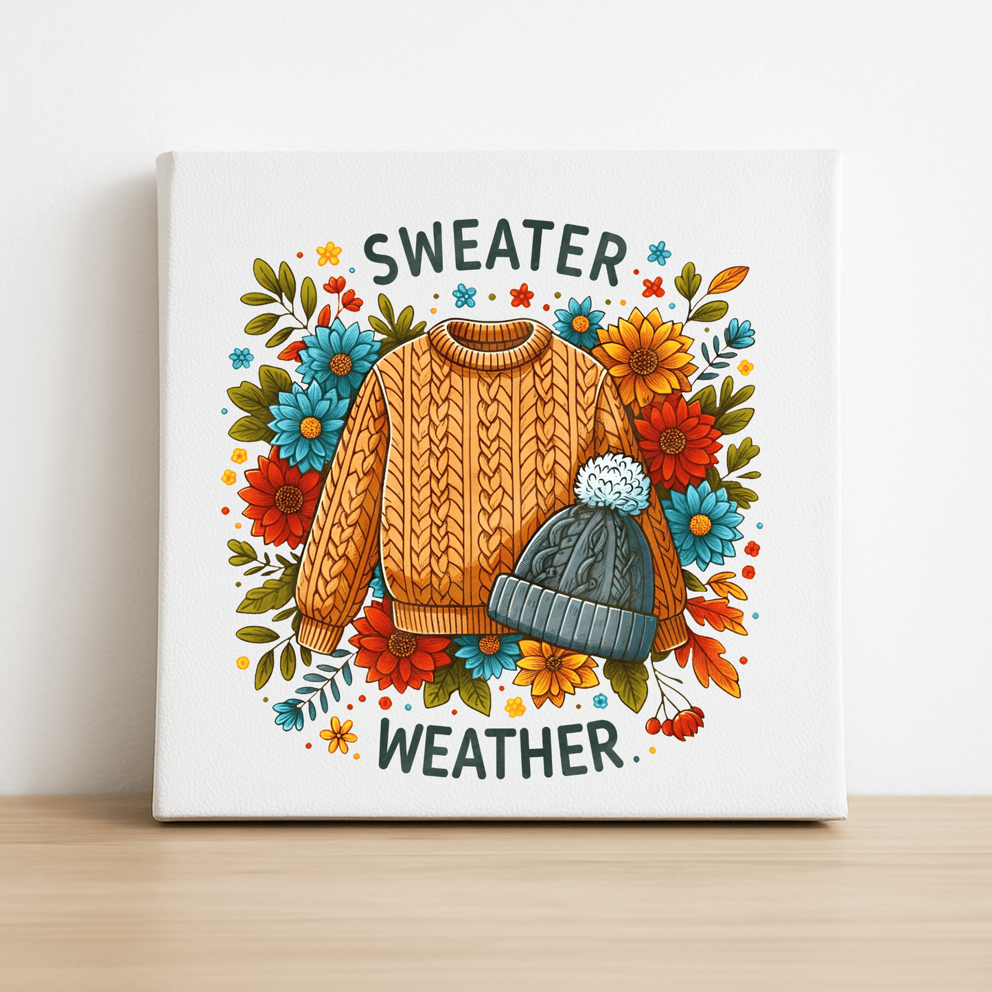 The Sweater Weather Canvas by Mirabilia Boutique features an orange knitted sweater, gray pom-pom hat, and autumn flowers on an 8x8 wall art—perfect cozy fall decor for your home.