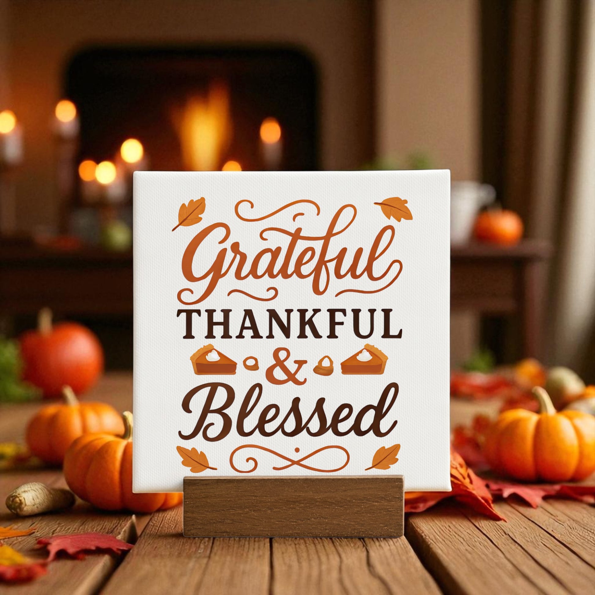 The Grateful Thankful Blessed Mini Sign by Mirabilia Boutique adds autumn charm to your table, surrounded by pumpkins and fall leaves for festive decor—perfect for cozy homes this season.