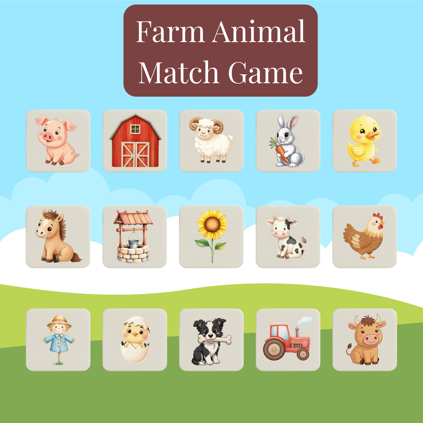 Mirabilia Boutique’s Farm Animal Match Game | Kids Memory Game features 15 pairs of illustrated tiles—pig, barn, sheep, rabbit, duck, horse & more—on a grassy background. Ideal for preschool activities!.
