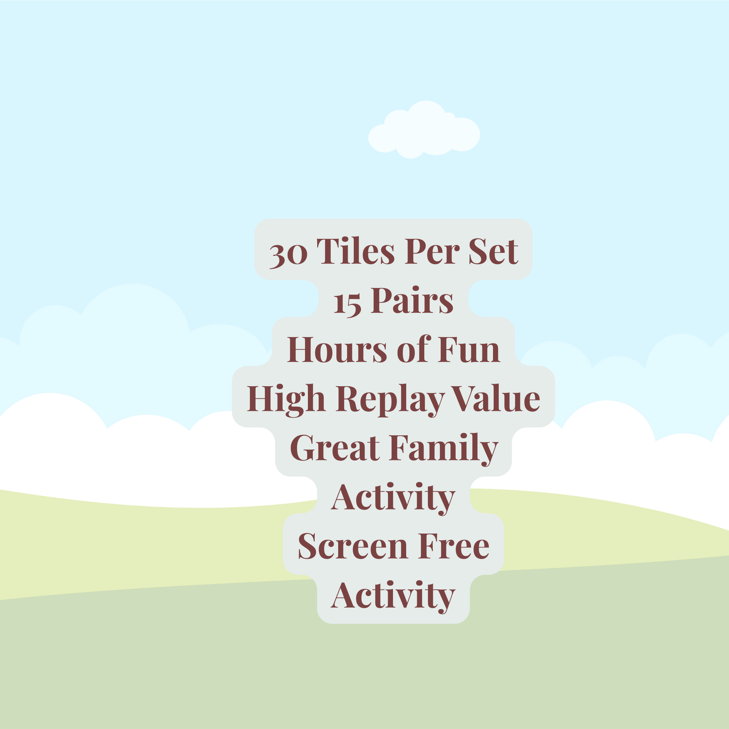 On a pastel landscape, text reads: 30 tiles, 15 pairs—hours of fun! The Mirabilia Boutique Farm Animal Match Game is a screen-free memory game for kids—perfect for family time and preschool activities.