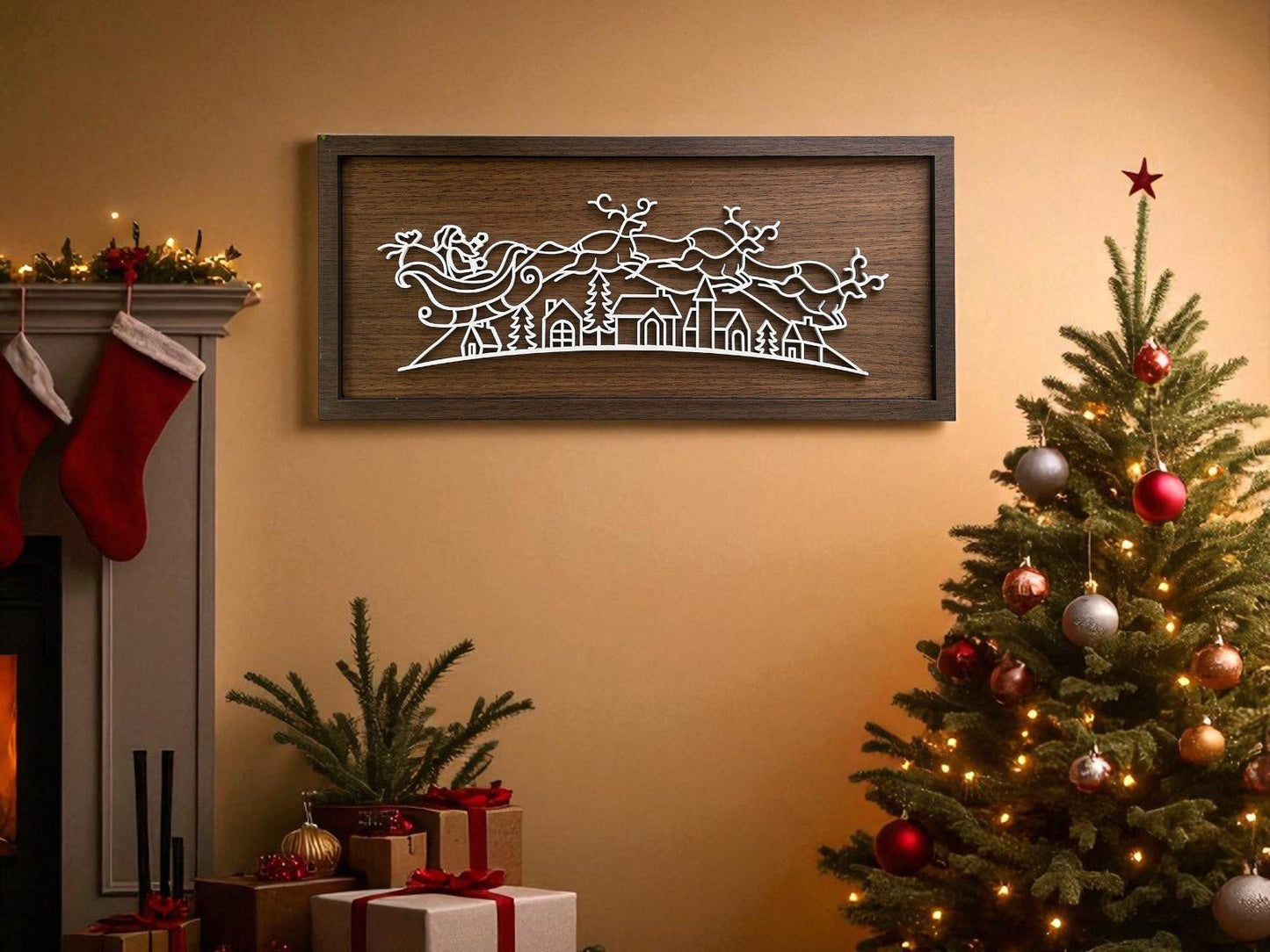 A cozy living room decorated for Christmas with a lit tree, presents, stockings by the fireplace, and the Mirabilia Boutique Rustic Santa Sleigh Sign (18x8 Minimalist Christmas Decor) adding Scandinavian charm above the mantel.