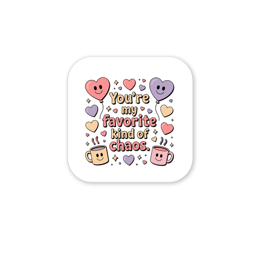 The Favorite Kind of Chaos Gift for Friends by Mirabilia Boutique is a funny fridge magnet with smiling hearts, stars, and coffee mugs around the playful text "You're my favorite kind of chaos"—a perfect gift for your best friend.
