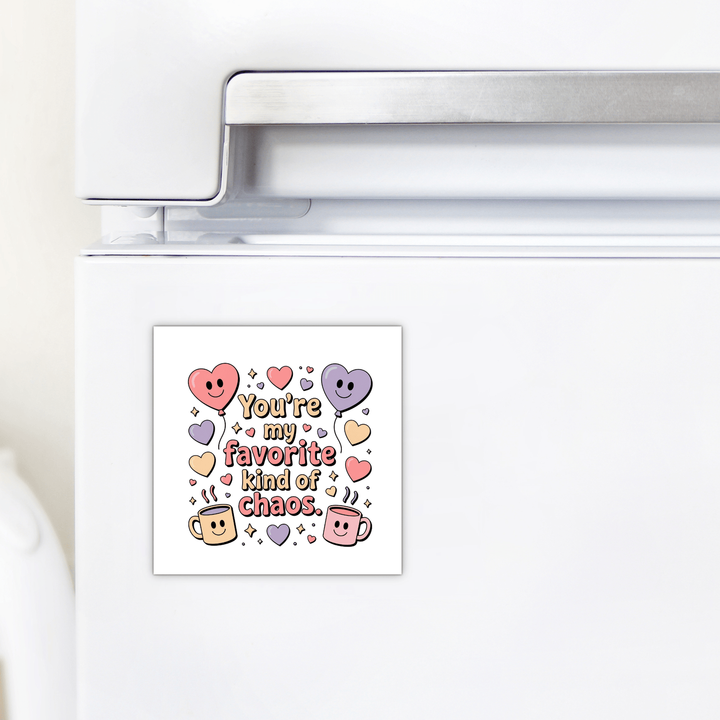 The Mirabilia Boutique "Favorite Kind of Chaos Gift for Friends" is a funny fridge magnet with smiling hearts, stars, mugs, and sparkles—perfect magnetic decor and a sweet gift to brighten your best friend’s refrigerator.
