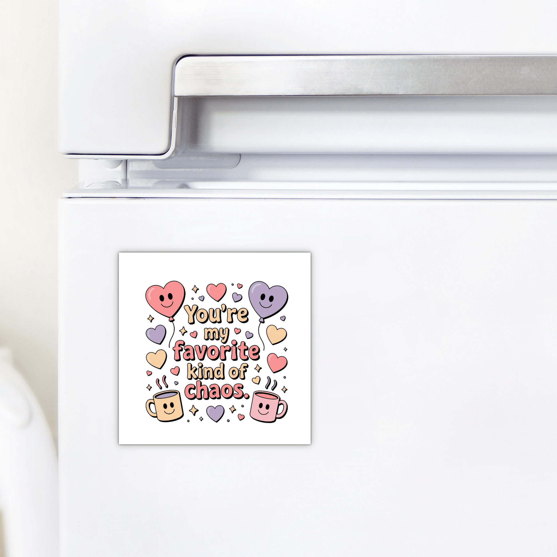 The Mirabilia Boutique "Favorite Kind of Chaos Gift for Friends" is a funny fridge magnet with smiling hearts, stars, mugs, and sparkles—perfect magnetic decor and a sweet gift to brighten your best friend’s refrigerator.