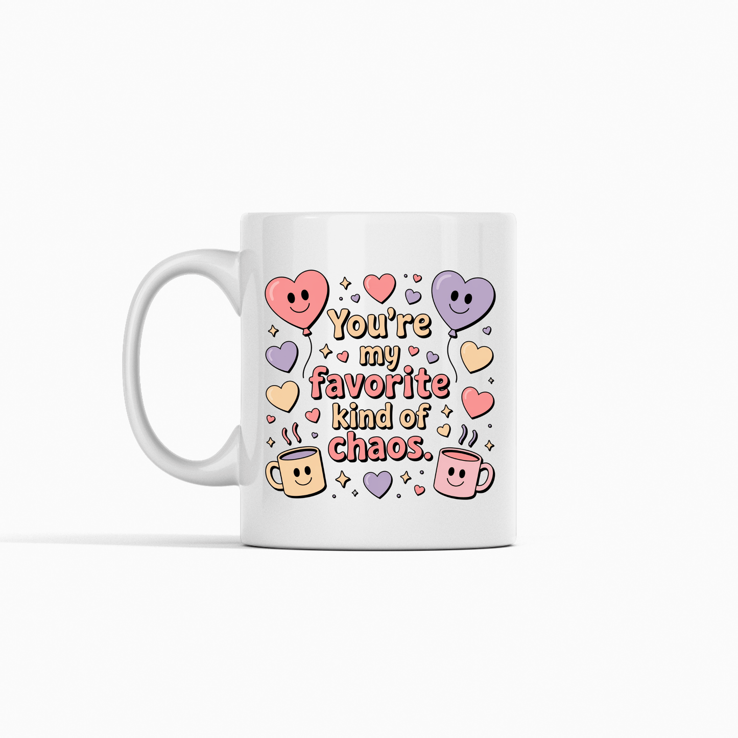 The Mirabilia Boutique Funny Best Friend Mug—"Favorite Kind of Chaos"—features colorful hearts, mugs, stars, and playful text on a bright white background, making it a perfect Valentine or friendship gift.
