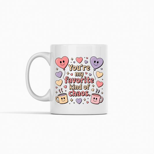 The Mirabilia Boutique Funny Best Friend Mug—"Favorite Kind of Chaos"—features colorful hearts, mugs, stars, and playful text on a bright white background, making it a perfect Valentine or friendship gift.