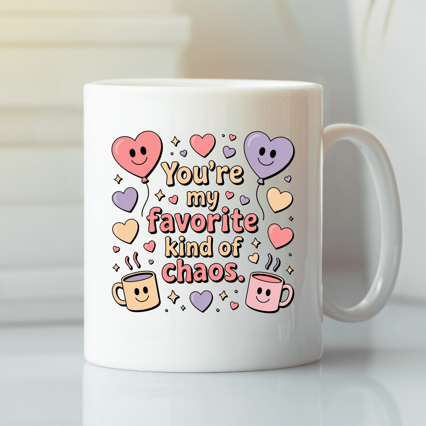 The Mirabilia Boutique Funny Best Friend Mug features “Favorite Kind of Chaos” in playful fonts with colorful hearts and smiling mugs—a perfect friendship or Valentine’s gift for your favorite person.