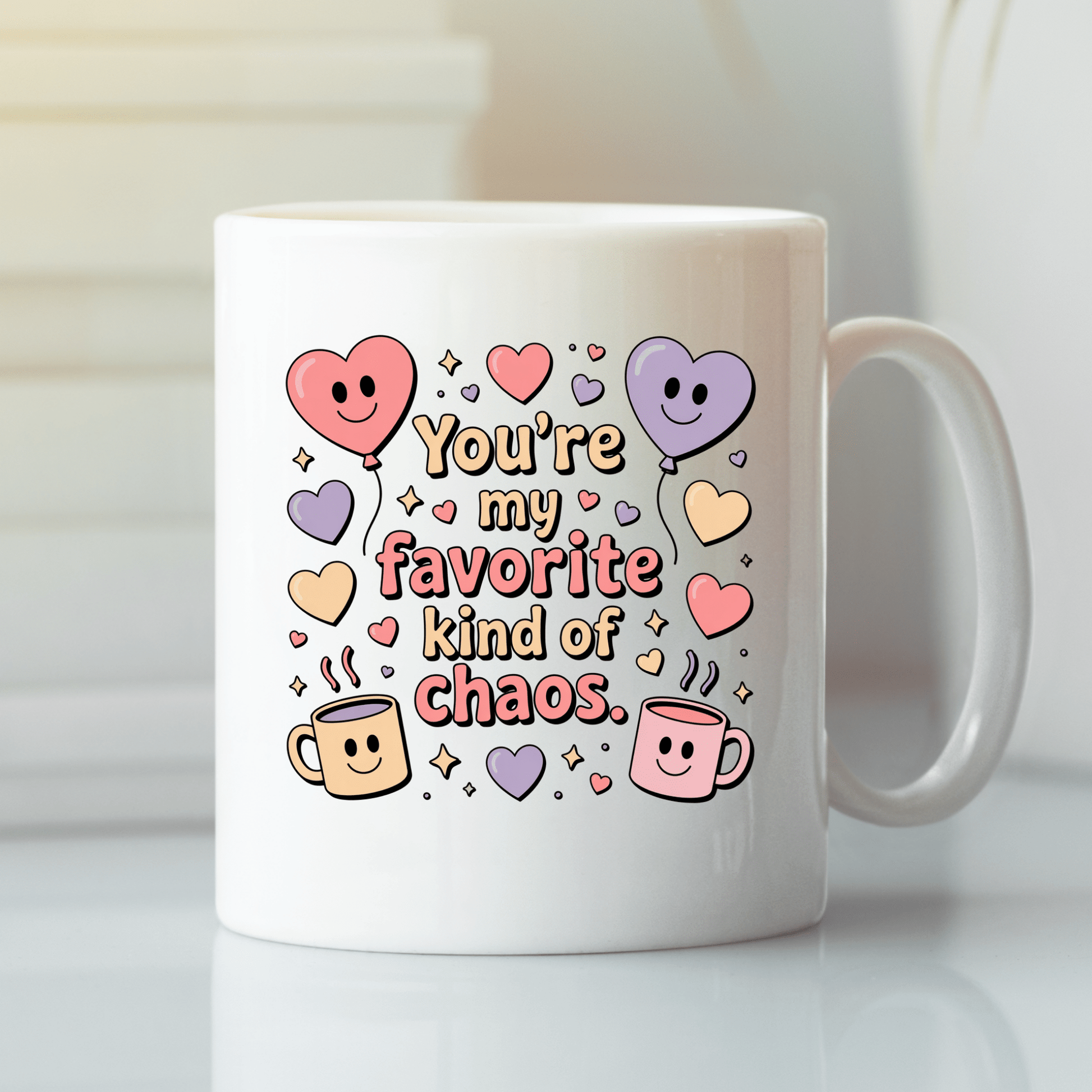 The Mirabilia Boutique Funny Best Friend Mug features “Favorite Kind of Chaos” in playful fonts with colorful hearts and smiling mugs—a perfect friendship or Valentine’s gift for your favorite person.