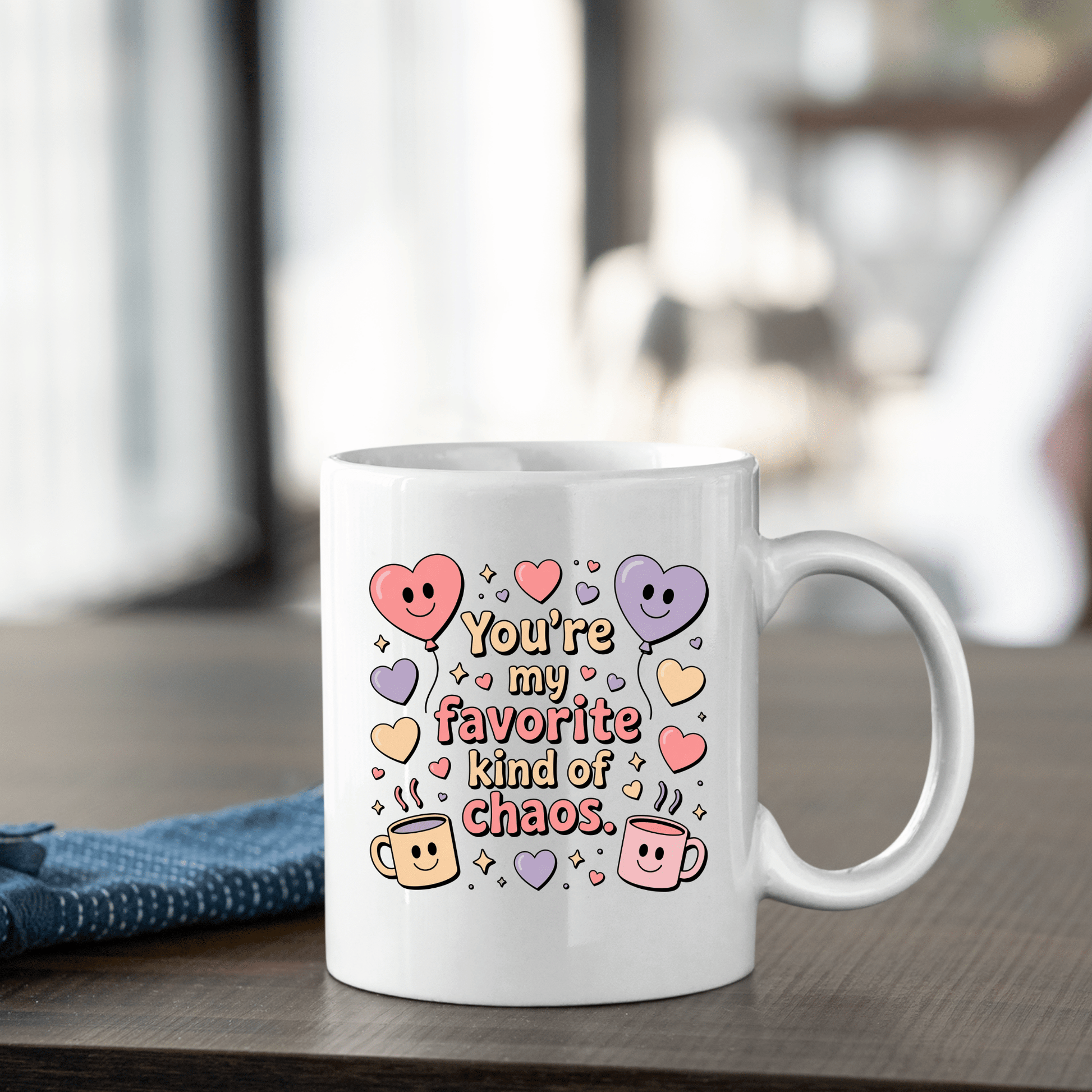 The Mirabilia Boutique Funny Best Friend Mug, "Favorite Kind of Chaos," makes a great Valentine gift. This white mug features colorful hearts, mugs, and smiling faces—perfect for gifting your favorite friend.