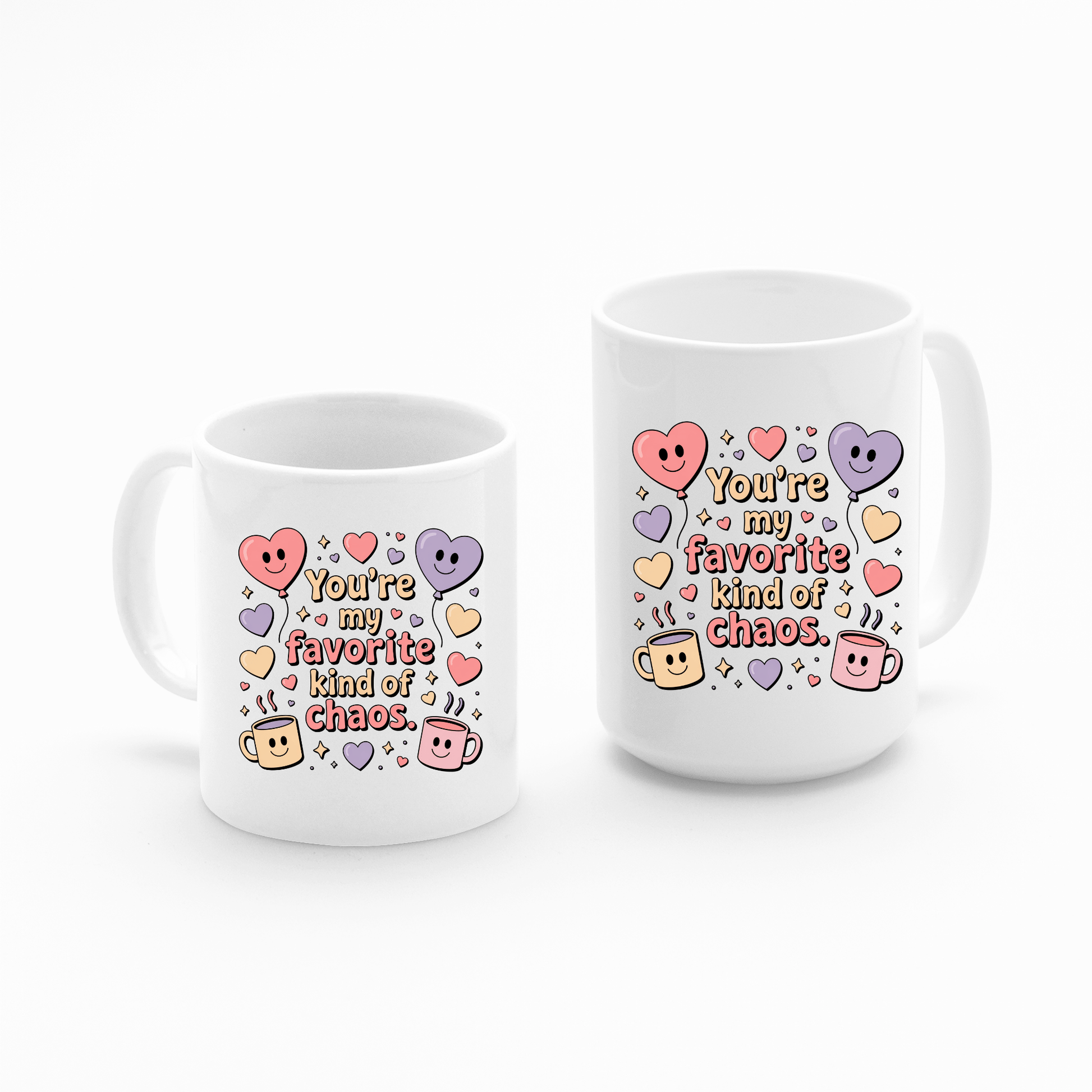 Two white Mirabilia Boutique Funny Best Friend Mugs featuring "Favorite Kind of Chaos" with colorful hearts and smiley faces in playful fonts, side by side—perfect as a Valentine gift or for your best friend.