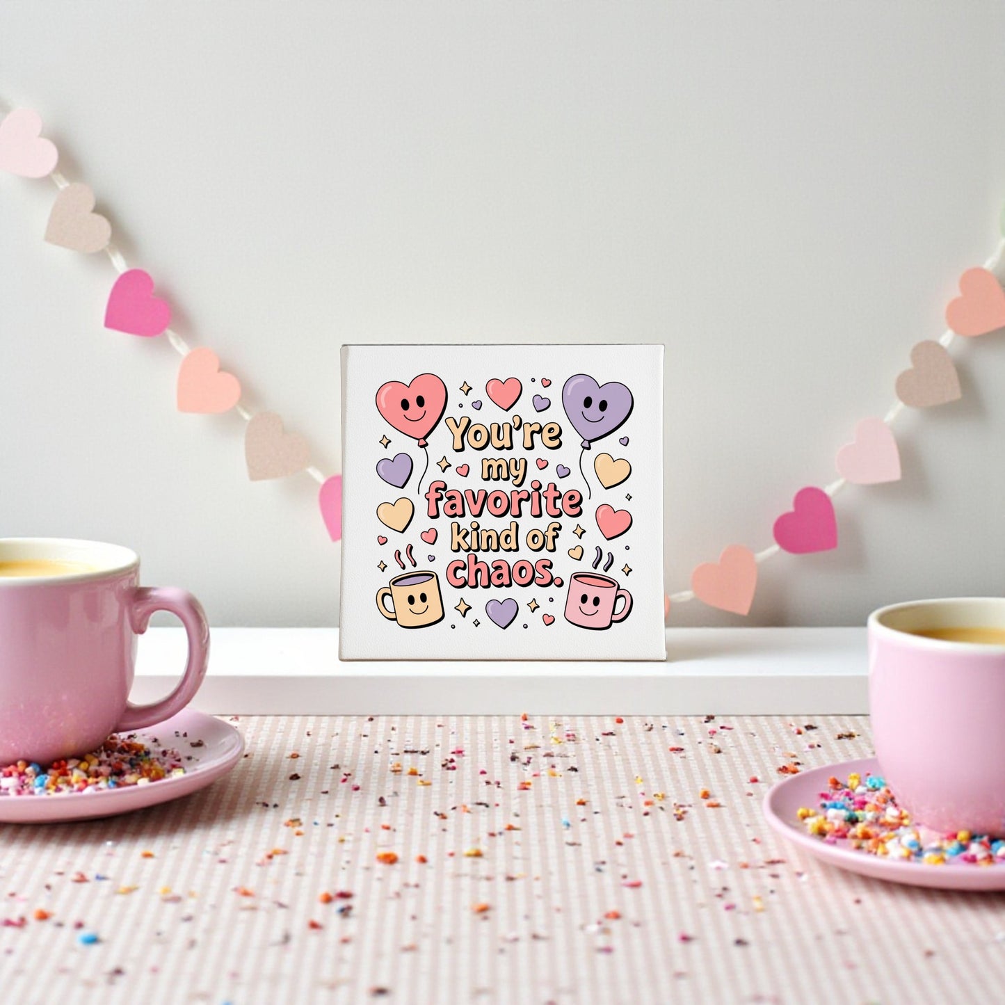 The Favorite Kind of Chaos Canvas by Mirabilia Boutique features colorful hearts and smiley faces with the message "You're my favorite kind of chaos"—a funny Valentine’s or Galentine’s gift, shown with pastel cups and a heart garland backdrop.