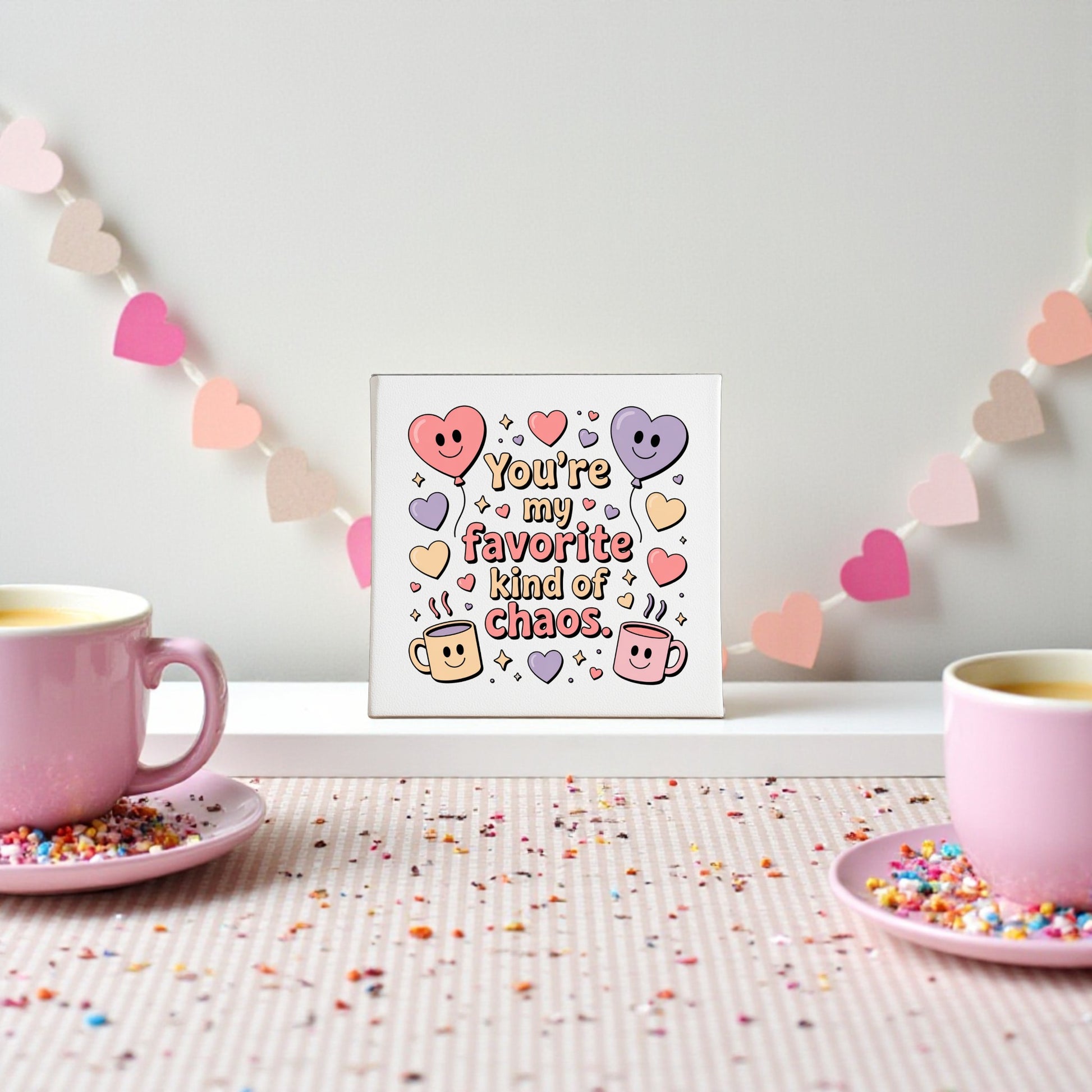 The Favorite Kind of Chaos Canvas by Mirabilia Boutique features colorful hearts and smiley faces with the message "You're my favorite kind of chaos"—a funny Valentine’s or Galentine’s gift, shown with pastel cups and a heart garland backdrop.
