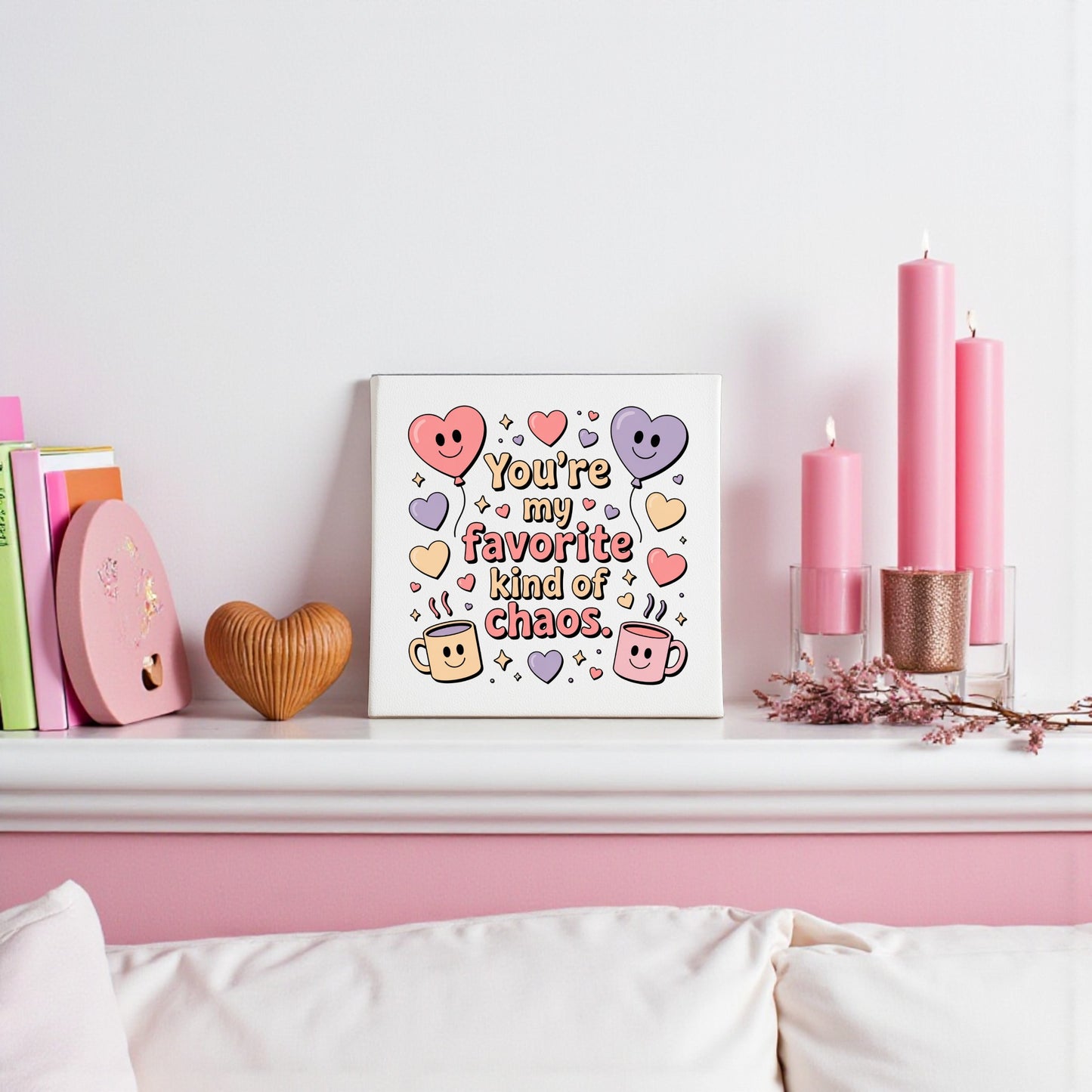 The Favorite Kind of Chaos Canvas by Mirabilia Boutique features playful hearts and smiley faces—an ideal Valentine’s or Galentine’s gift and a fun decor piece for friends who love a little chaos.