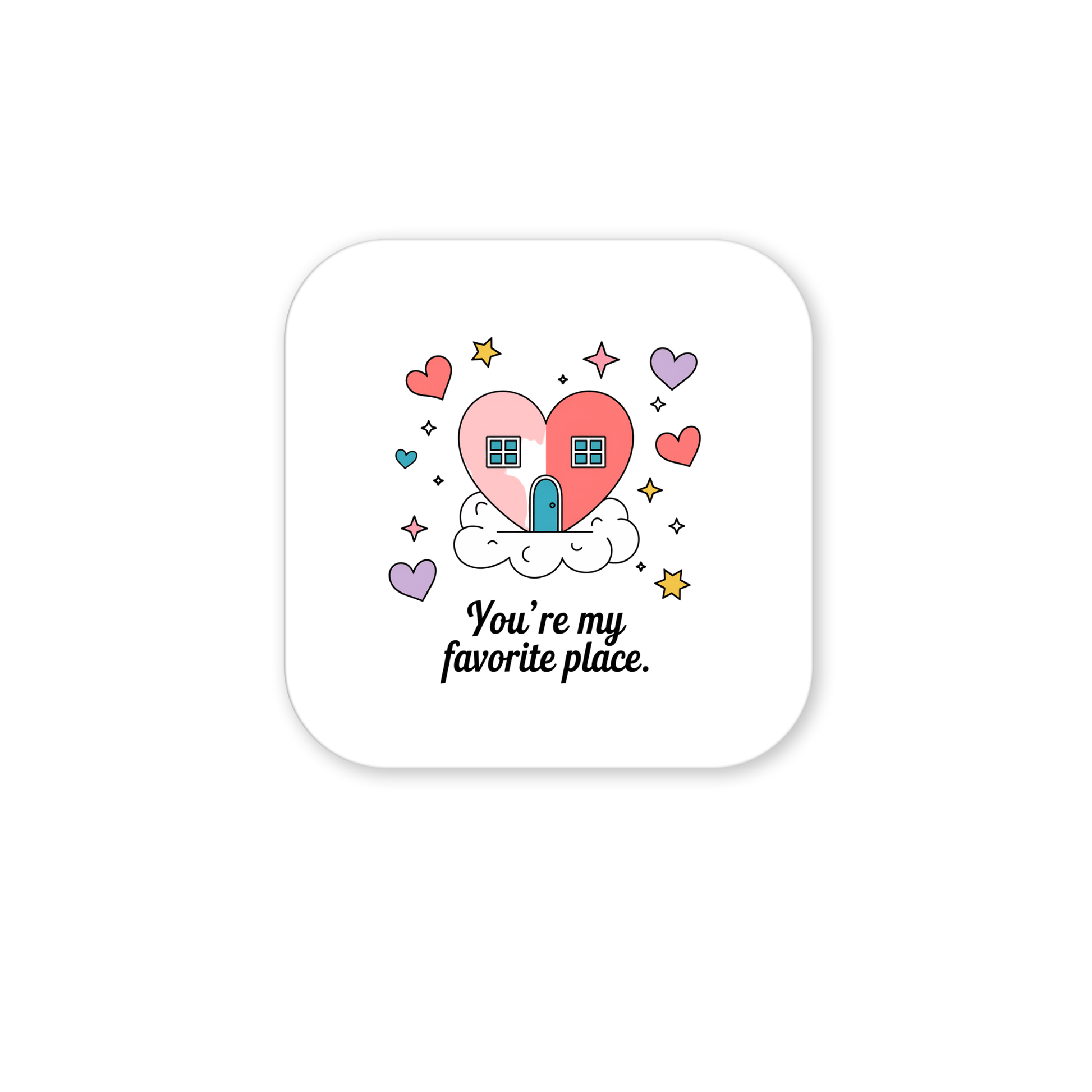 The Heart House Magnet by Mirabilia Boutique features a heart-shaped house on a cloud with colorful hearts and stars. With the quote, “You’re My Favorite Place,” this cute magnet makes a sentimental gift for any loved one.