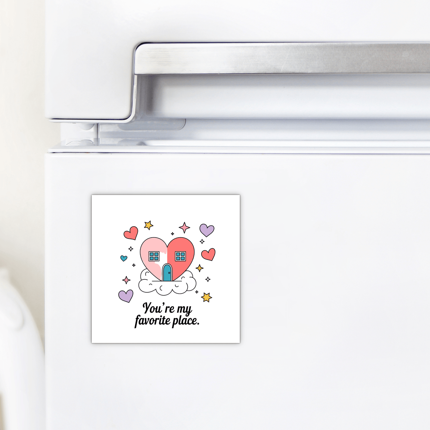 Mirabilia Boutique’s Heart House Magnet features a heart-shaped house on a cloud with hearts, stars, and the phrase "You’re My Favorite Place." A sentimental gift to show your love.