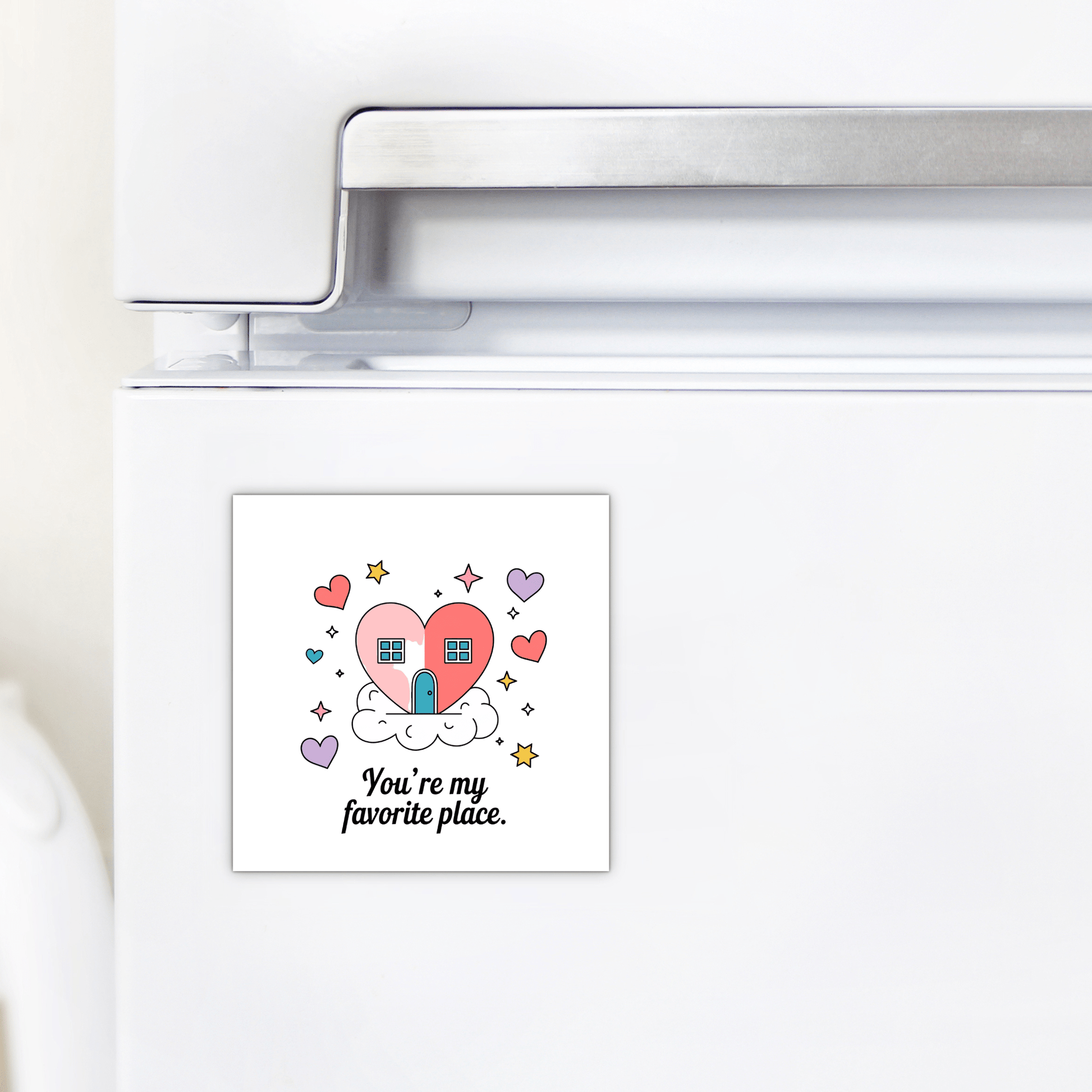Mirabilia Boutique’s Heart House Magnet features a heart-shaped house on a cloud with hearts, stars, and the phrase "You’re My Favorite Place." A sentimental gift to show your love.