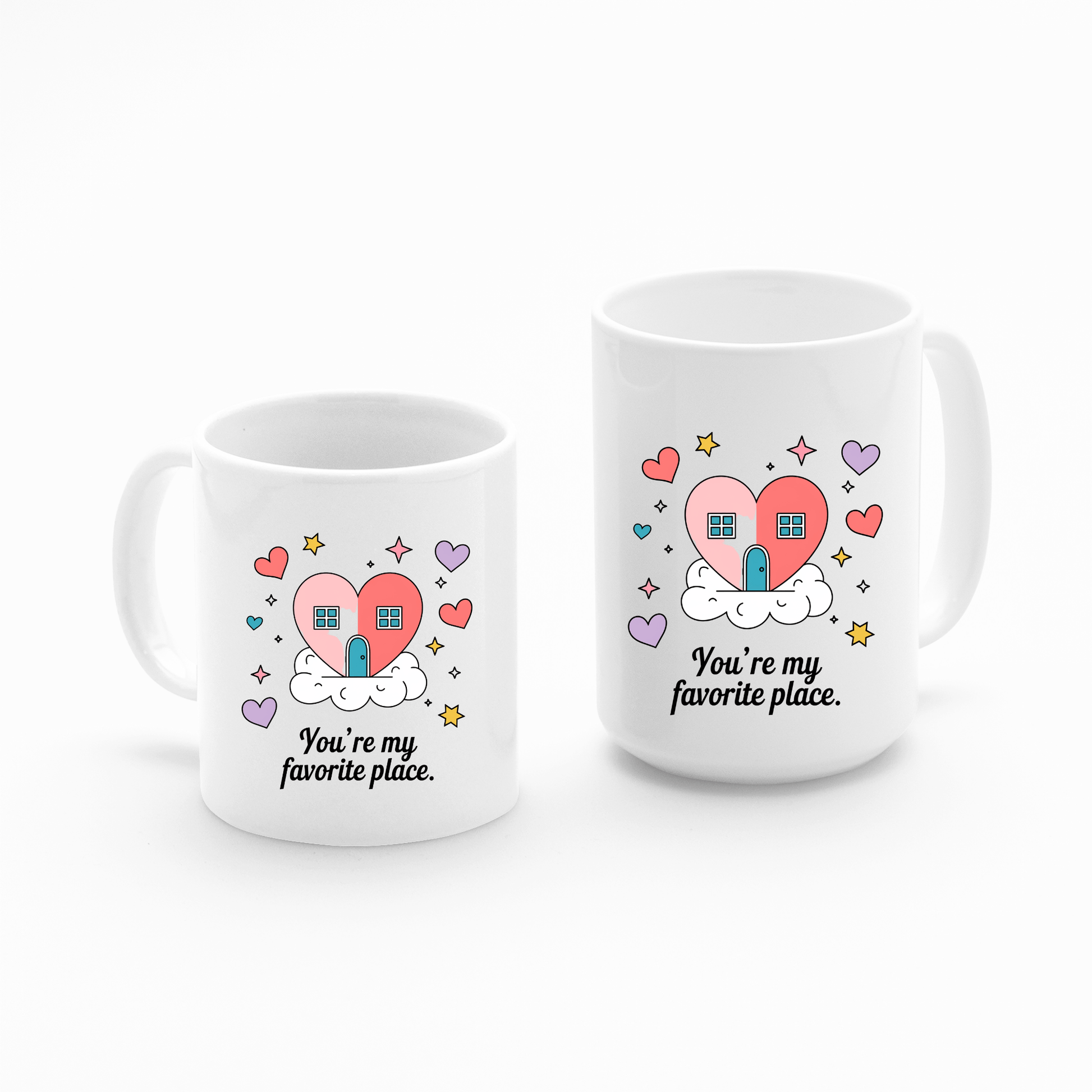The Mirabilia Boutique Heart House Mug features colorful heart and house designs with "You’re My Favorite Place"—a perfect gift for someone special. Cozy ceramic mug adorned with stars and hearts on a crisp white background.
