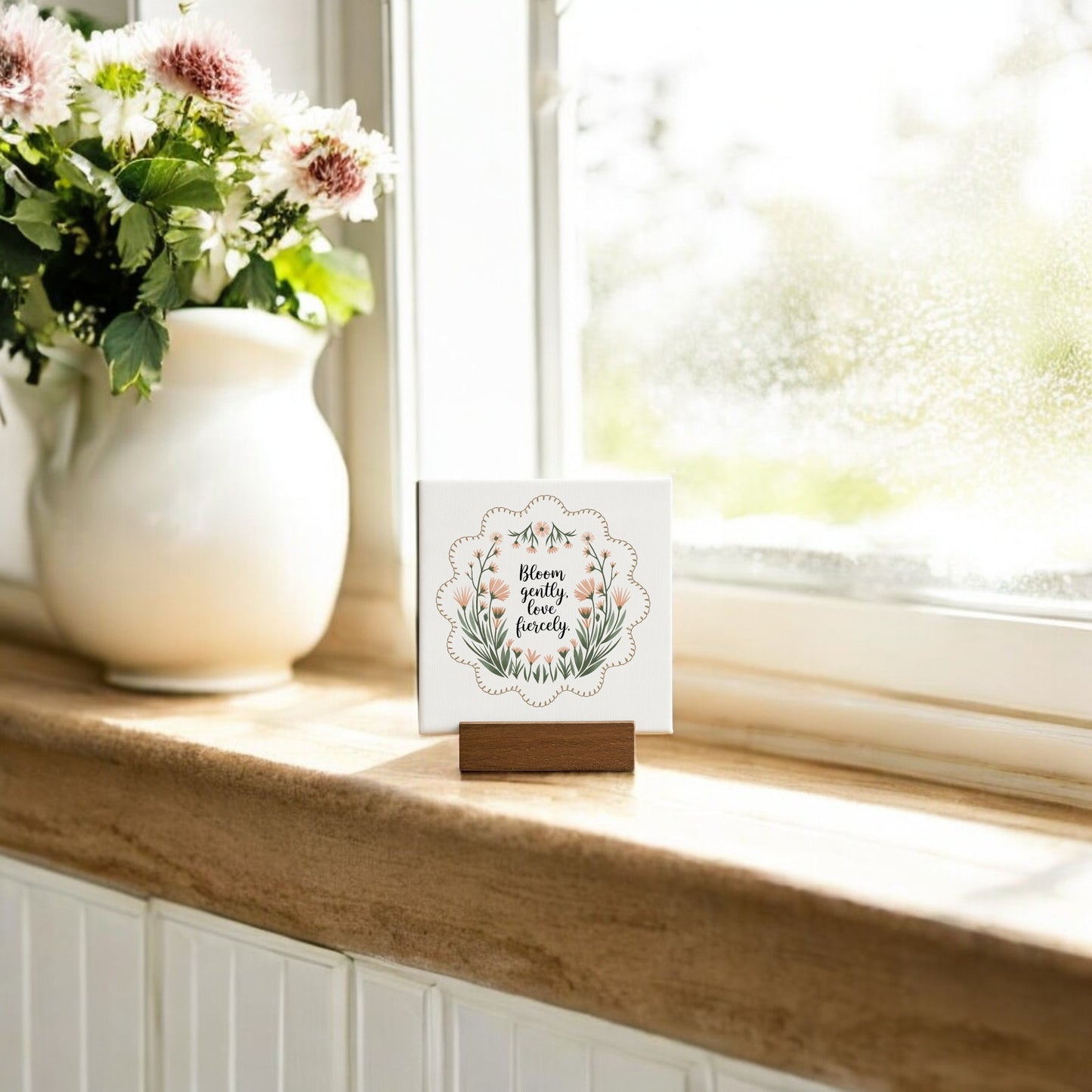 The Mirabilia Boutique “Bloom Gently Love Fiercely” mini canvas sign sits on a wooden stand, perfect as an encouragement gift. Nearby, a white ceramic jug holds pink and white wildflower decor.
