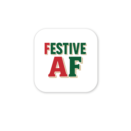 The Festive AF Magnet by Mirabilia Boutique features bold red and green vintage lettering on a white square—an amusing holiday decor gift or perfect Christmas stocking stuffer.