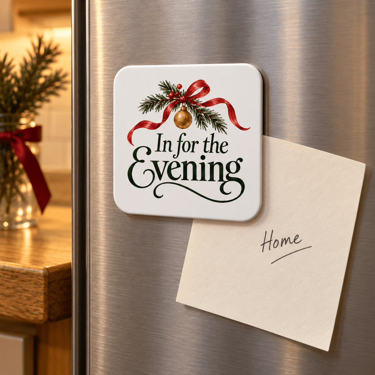 A square In for the Evening Christmas Magnet | Mirabilia featuring a red evergreen ribbon and pine sprigs, attached to a stainless steel refrigerator next to a note that says “Home.”