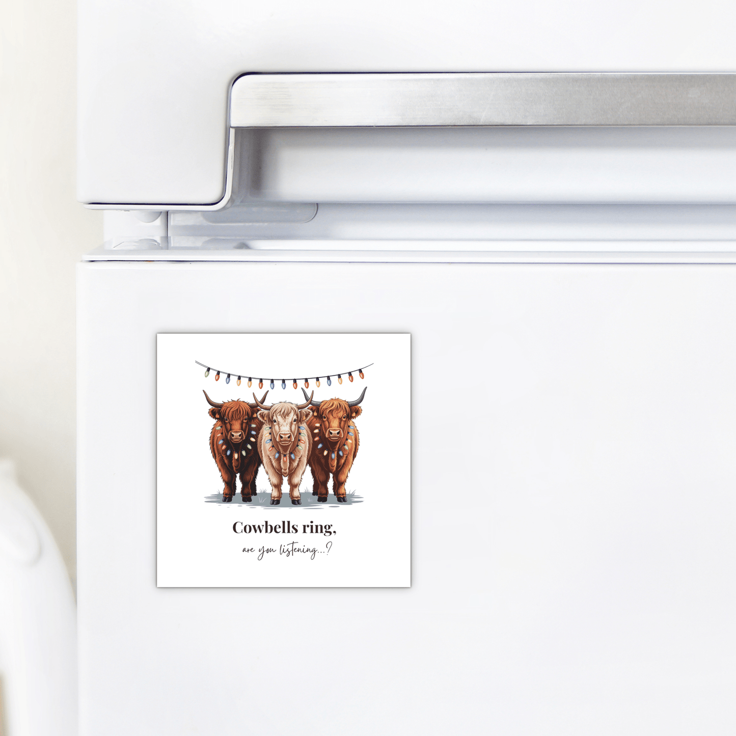 The Mirabilia Boutique Highland Cow Christmas Magnet, a cute “Cowbells ring, are you listening…?” square magnet featuring three festive cows and bunting, is the perfect gift for cow lovers and farmhouse holiday décor.