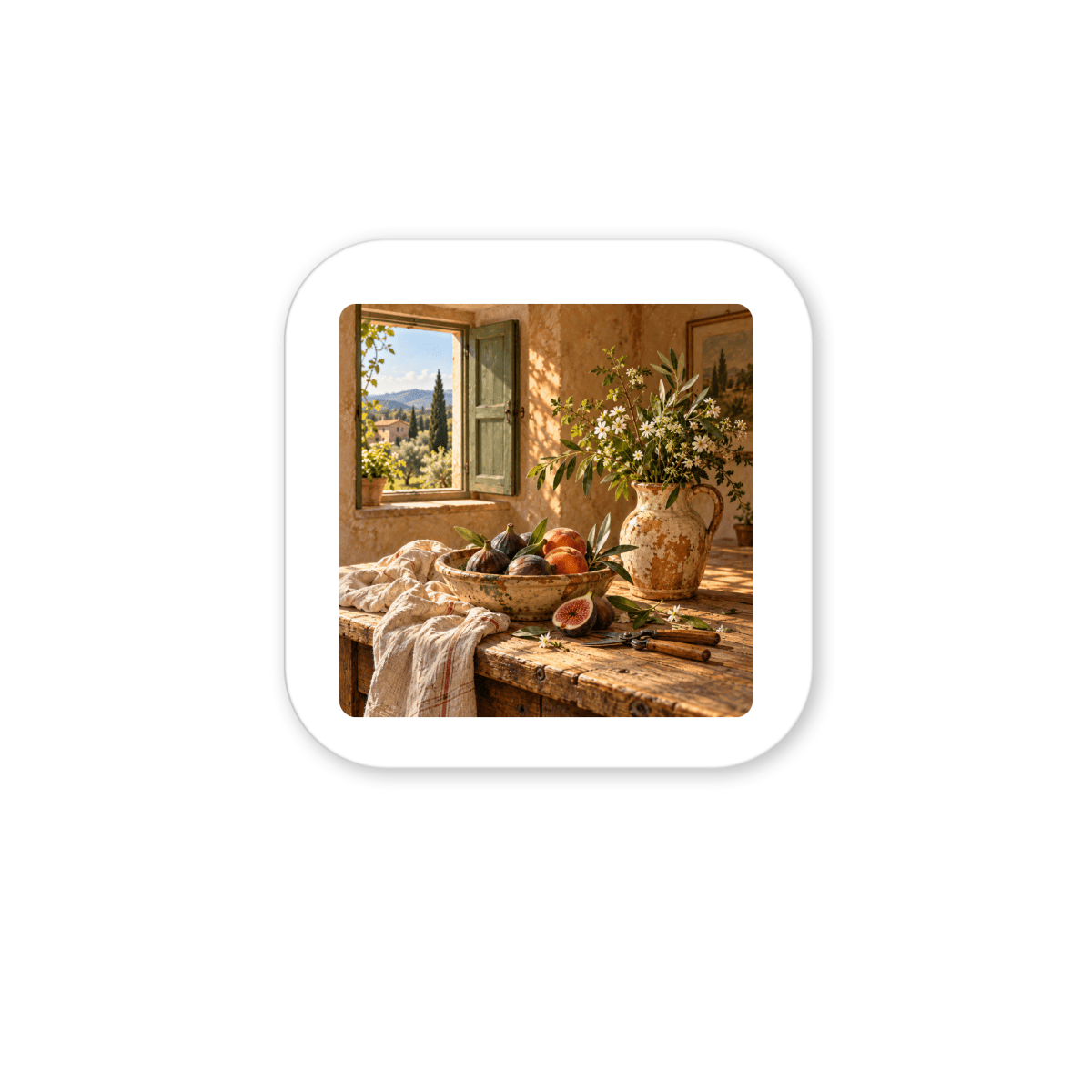 A square What the Garden Brought Art Magnet | Ochre & Cypress featuring a rustic tabletop with a bowl of fresh figs, a pitcher of flowers, and an open window looking out over a sunlit landscape.