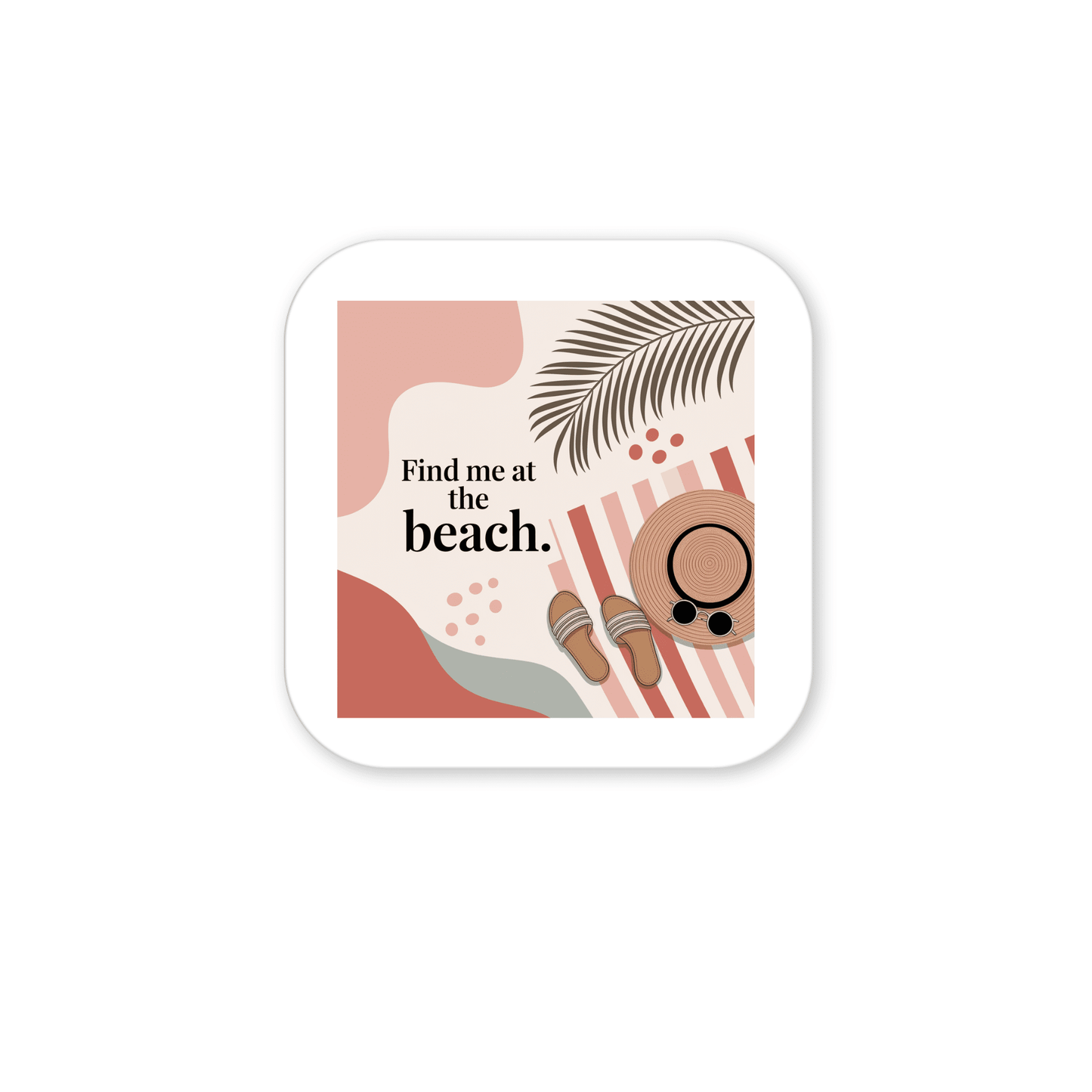 The Find Me at the Beach Magnet – Coastal Summer Aesthetic by Mirabilia Boutique features soft abstract shapes, a palm leaf, towel, seashells, sunhat, and sunglasses—a stylish beach magnet or perfect summer gift for coastal décor.