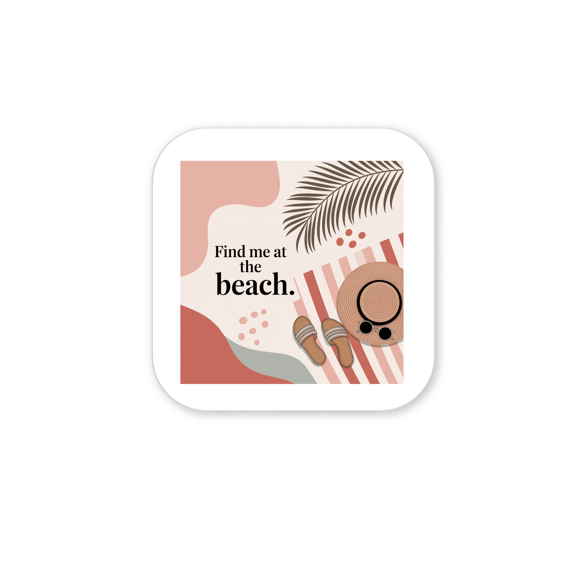 The Find Me at the Beach Magnet – Coastal Summer Aesthetic by Mirabilia Boutique features soft abstract shapes, a palm leaf, towel, seashells, sunhat, and sunglasses—a stylish beach magnet or perfect summer gift for coastal décor.