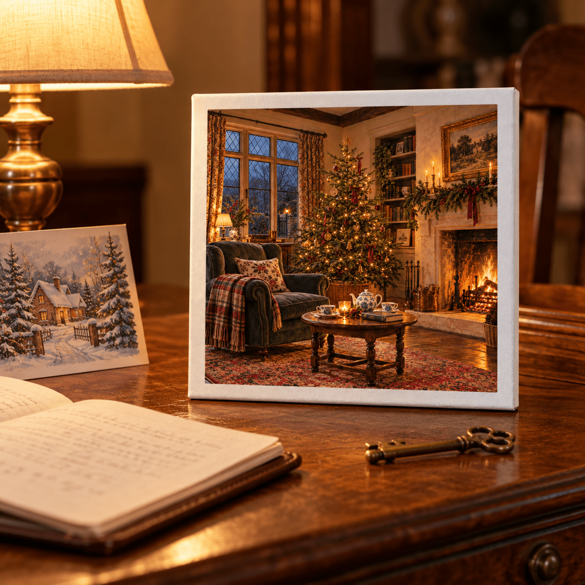 The Room Is Ready Canvas by Mirabilia Boutique sits on a wooden desk, displaying an English sitting room art piece with a cozy living room, a decorated Christmas tree, a fireplace, a tea set, an open book, a Christmas card, and a metal key.