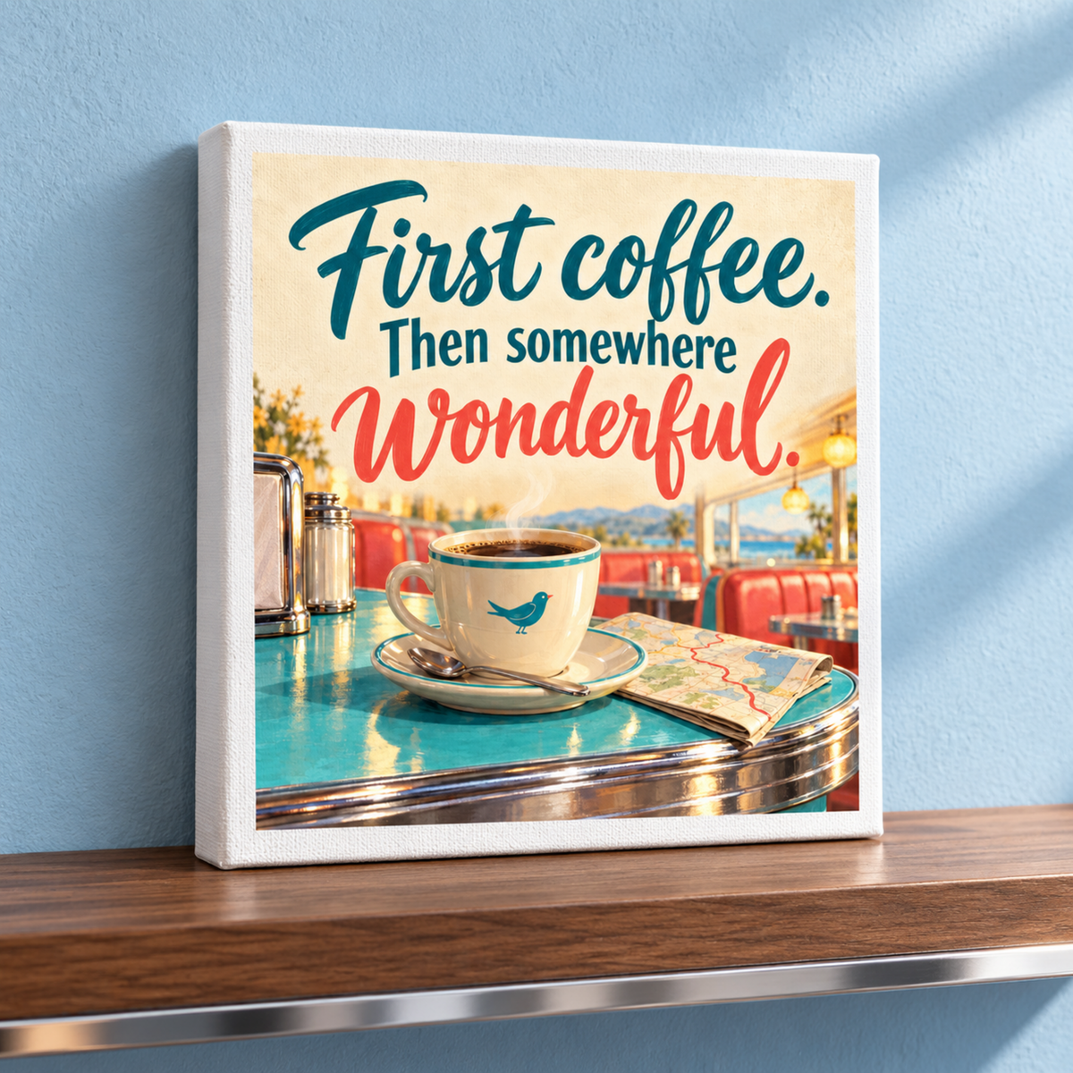 First Coffee, Then Somewhere Wonderful Coffee Bar Canvas featuring a coffee cup and a map on a diner table with the text “First coffee. Then somewhere wonderful,” perfect for diner decor.
