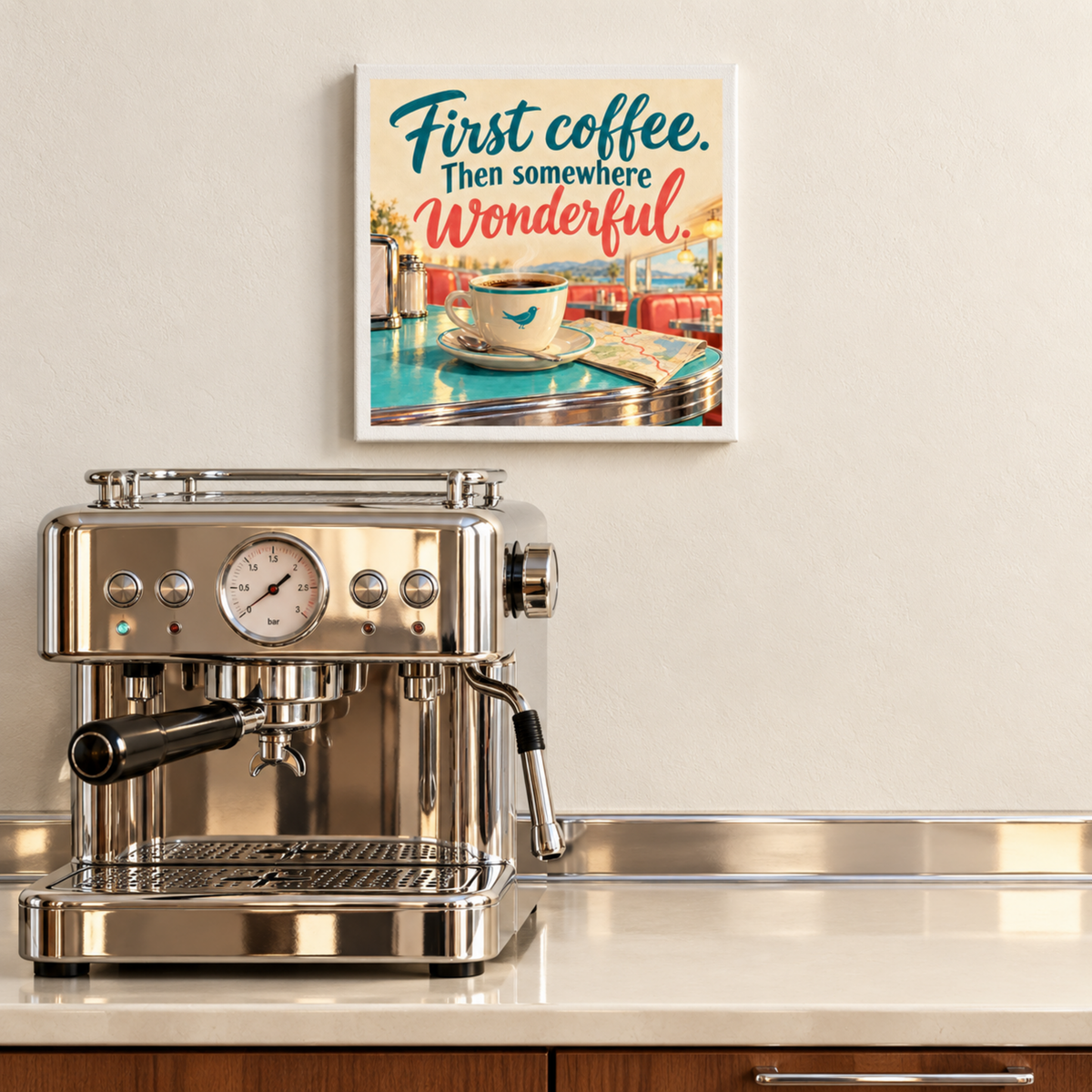 A First Coffee, Then Somewhere Wonderful Coffee Bar Canvas featuring a coffee cup on a diner table with the text “First coffee. Then somewhere wonderful.” hanging above a stainless steel espresso machine.