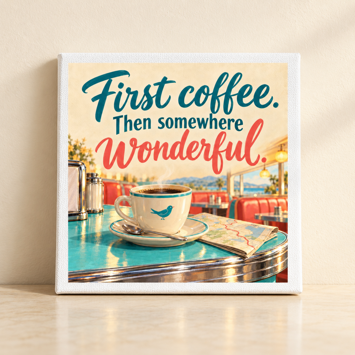 First Coffee, Then Somewhere Wonderful Coffee Bar Canvas featuring a square print of a cup of coffee on a diner table with the text “First coffee. Then somewhere wonderful.”, perfect for diner decor.