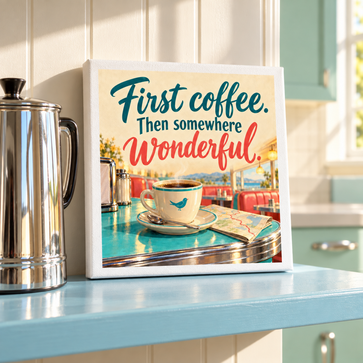 A square First Coffee, Then Somewhere Wonderful Coffee Bar Canvas featuring a cup of coffee on a diner table with the text “First coffee. Then somewhere wonderful,” perfect for diner decor.