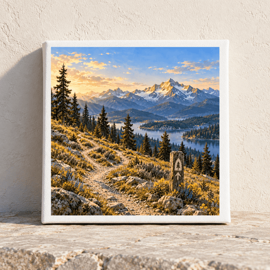First Light at Trailhead Ridge Canvas depicts a mountain trail leading toward an alpine lake, with snowy peaks rising under a sunrise sky and a wooden trail marker pointing the way.