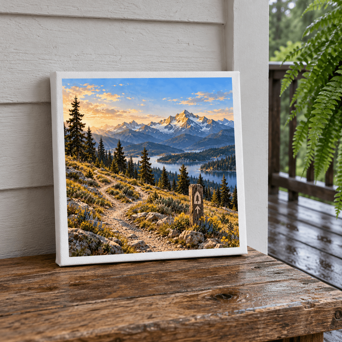 A square First Light at Trailhead Ridge Canvas | Wanderland print of an alpine lake painting featuring a mountain trail, a wooden signpost, and a sunrise, resting on a wooden outdoor bench.
