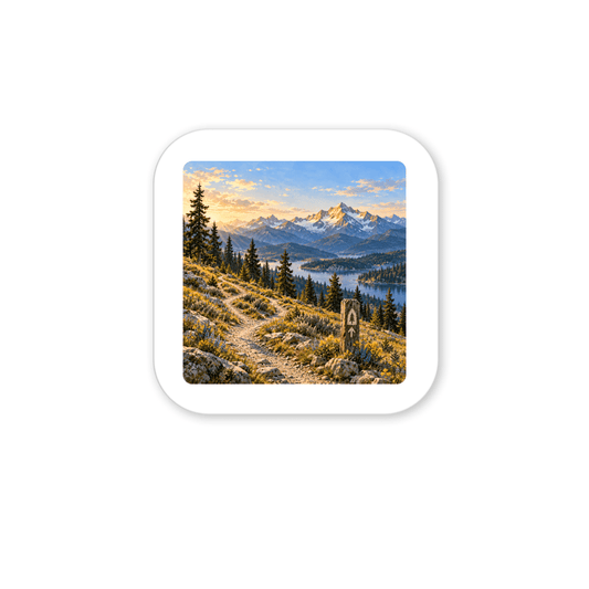 First Light at Trailhead Ridge Magnet featuring a square mountain trail winding toward a lake and snow-capped peaks under a sunrise sky, with an alpine landscape art trail marker in the foreground.