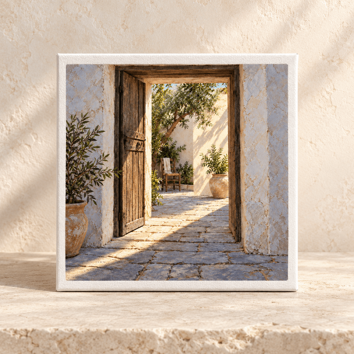 The First Stripe of Sun 8x8 inch canvas print features a stone doorway opening onto a sunlit courtyard with potted plants and a wooden chair.